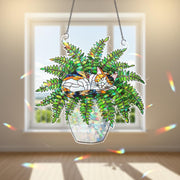 Calico Cat Plant Suncatcher, Holographic Acrylic Window Decor, Cat in Fern Pot, Rainbow Light Catcher, Gift for Cat and Plant Lovers