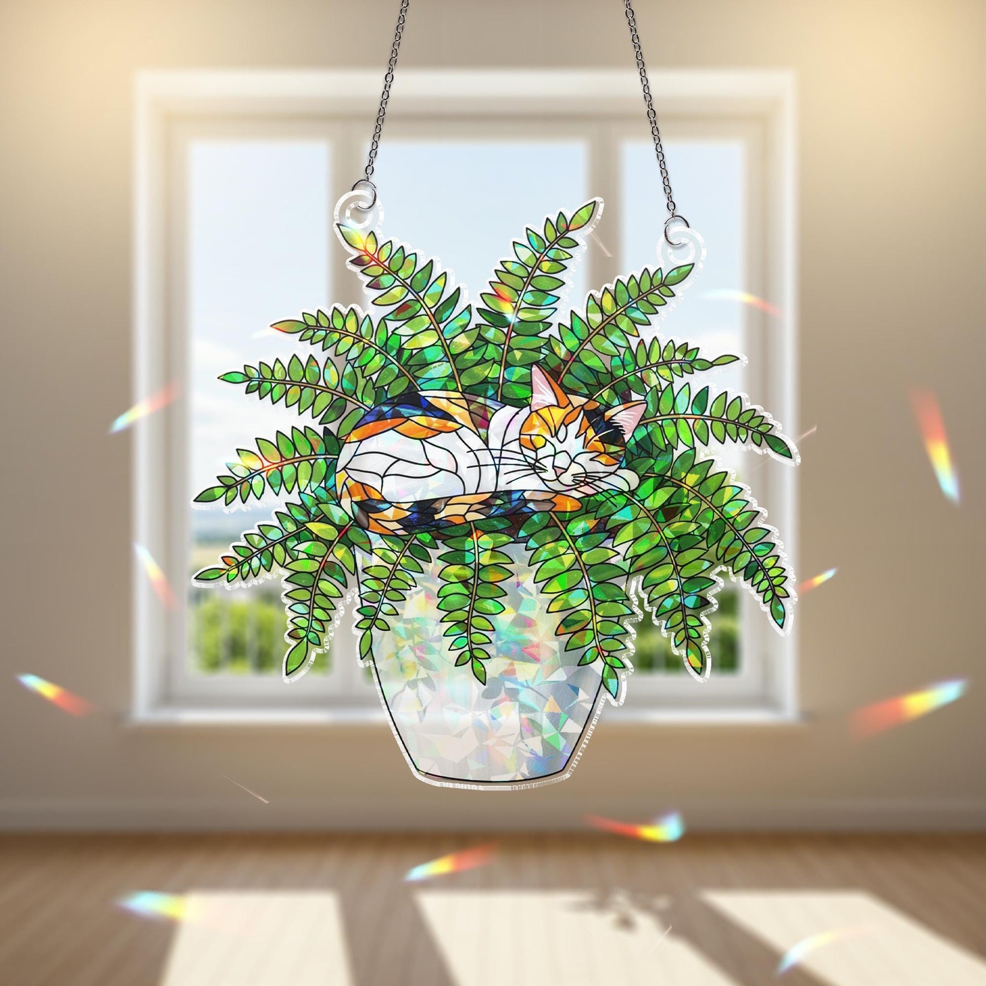 Calico Cat Plant Suncatcher, Holographic Acrylic Window Decor, Cat in Fern Pot, Rainbow Light Catcher, Gift for Cat and Plant Lovers