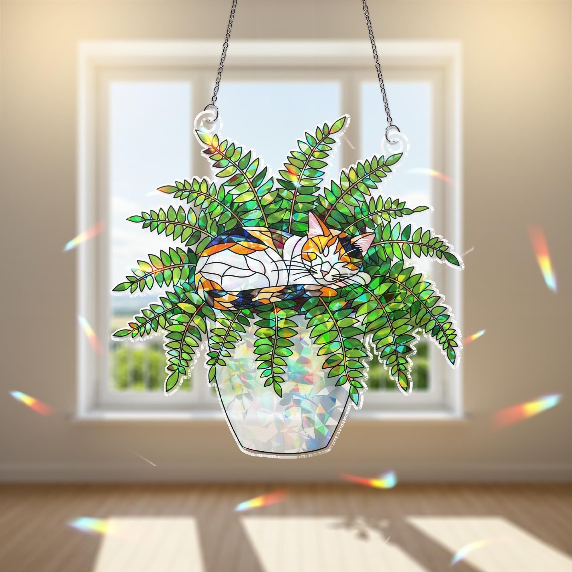 Calico Cat Plant Suncatcher, Holographic Acrylic Window Decor, Cat in Fern Pot, Rainbow Light Catcher, Gift for Cat and Plant Lovers