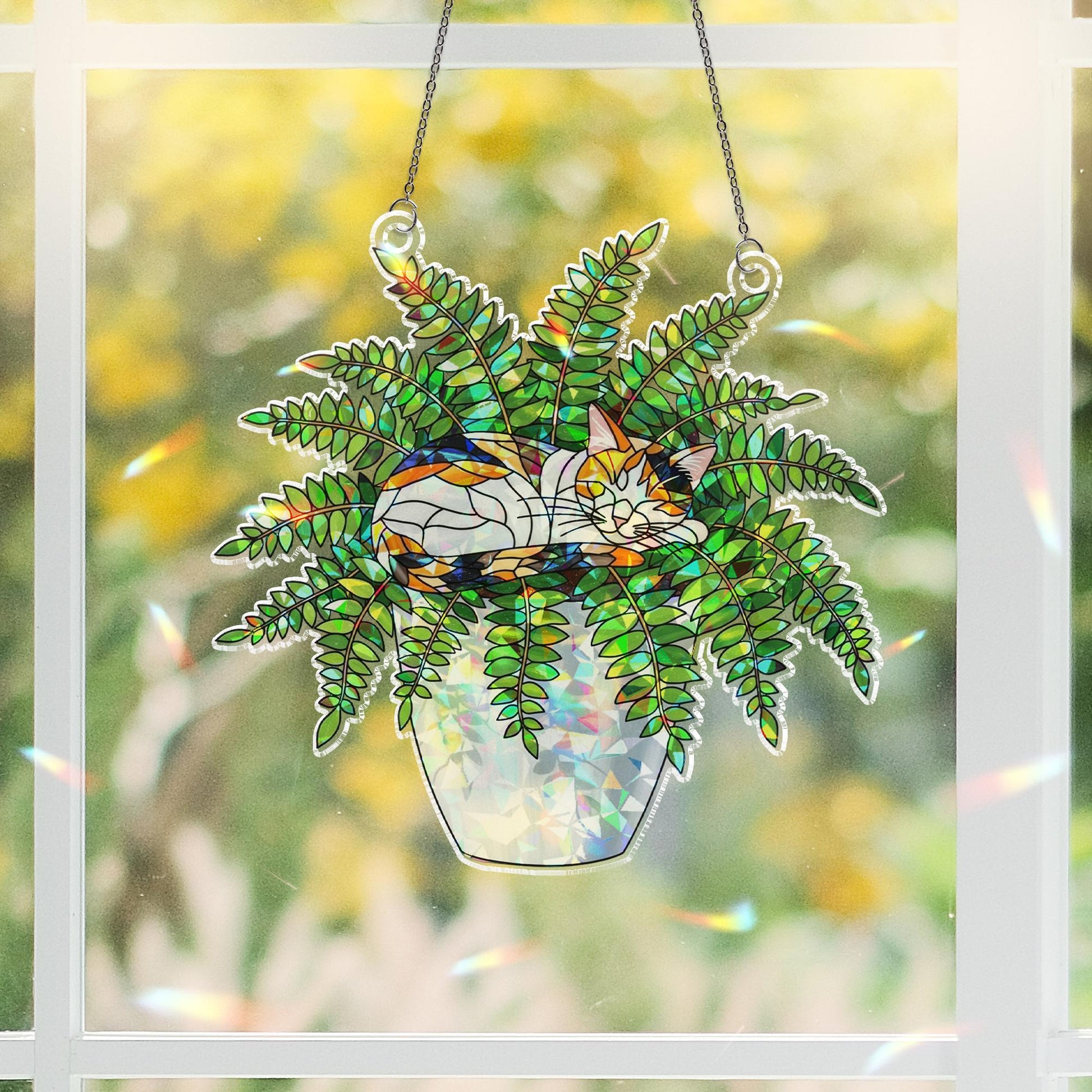 Calico Cat Plant Suncatcher, Holographic Acrylic Window Decor, Cat in Fern Pot, Rainbow Light Catcher, Gift for Cat and Plant Lovers