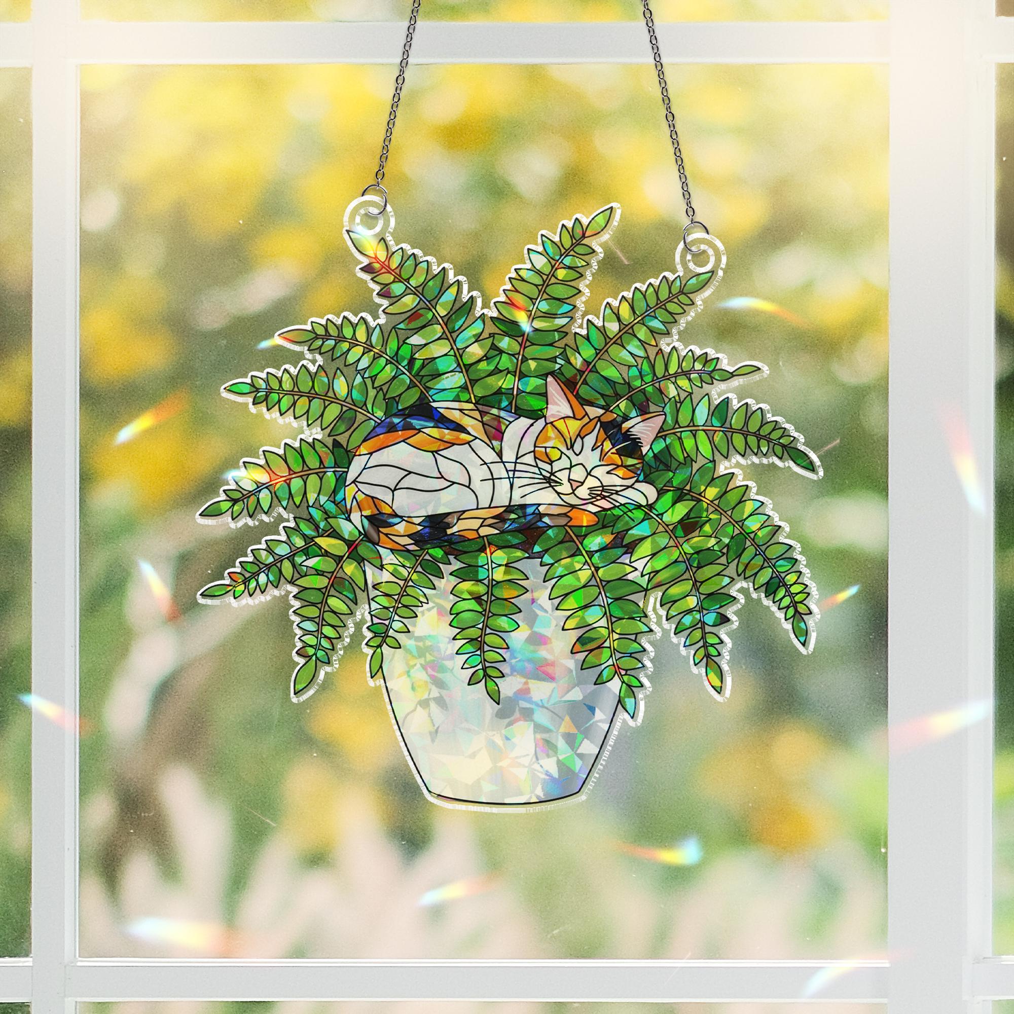 Calico Cat Plant Suncatcher, Holographic Acrylic Window Decor, Cat in Fern Pot, Rainbow Light Catcher, Gift for Cat and Plant Lovers