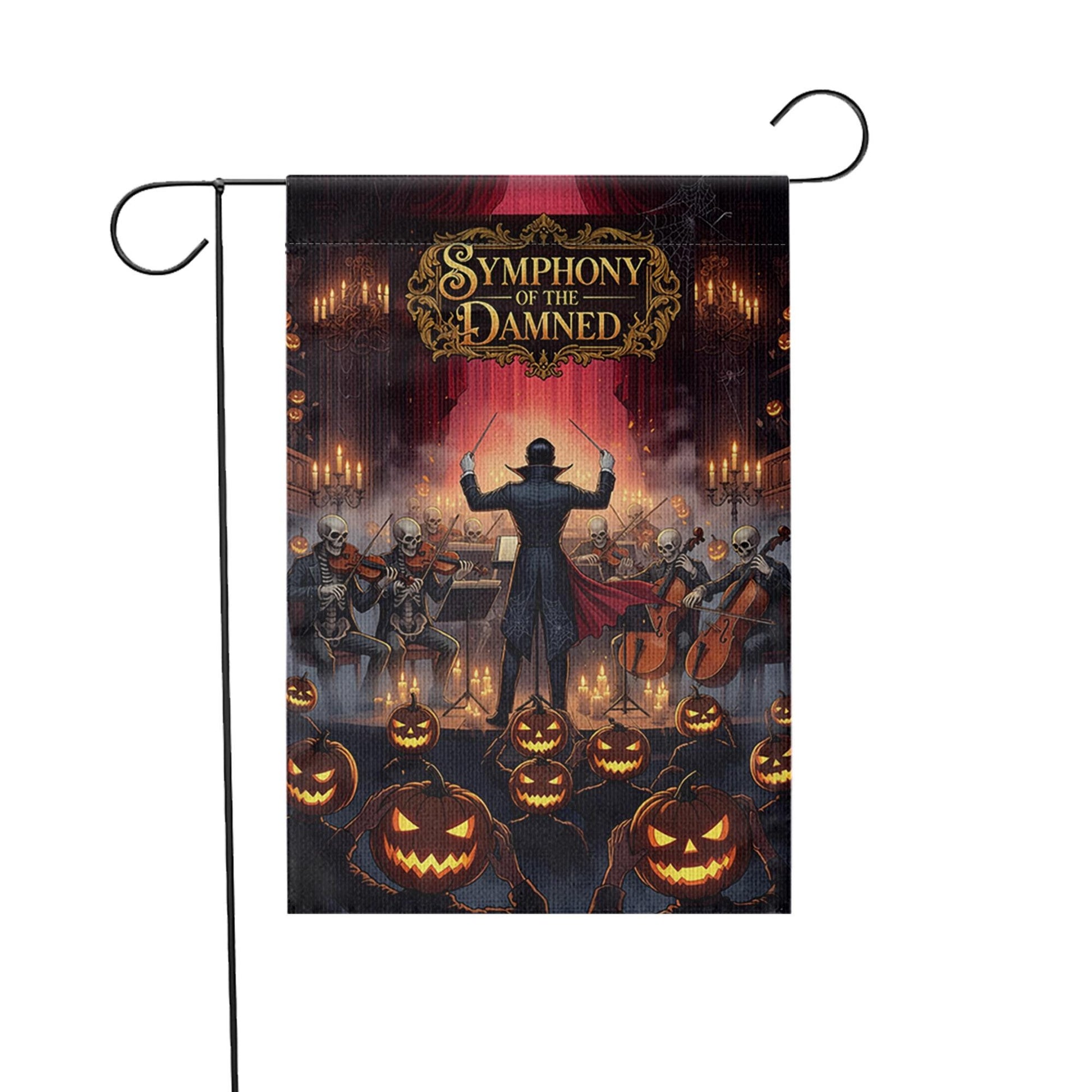 Halloween Garden Flag – Symphony of the Damned Skeleton Music Decor – Spooky Pumpkin Yard Banner