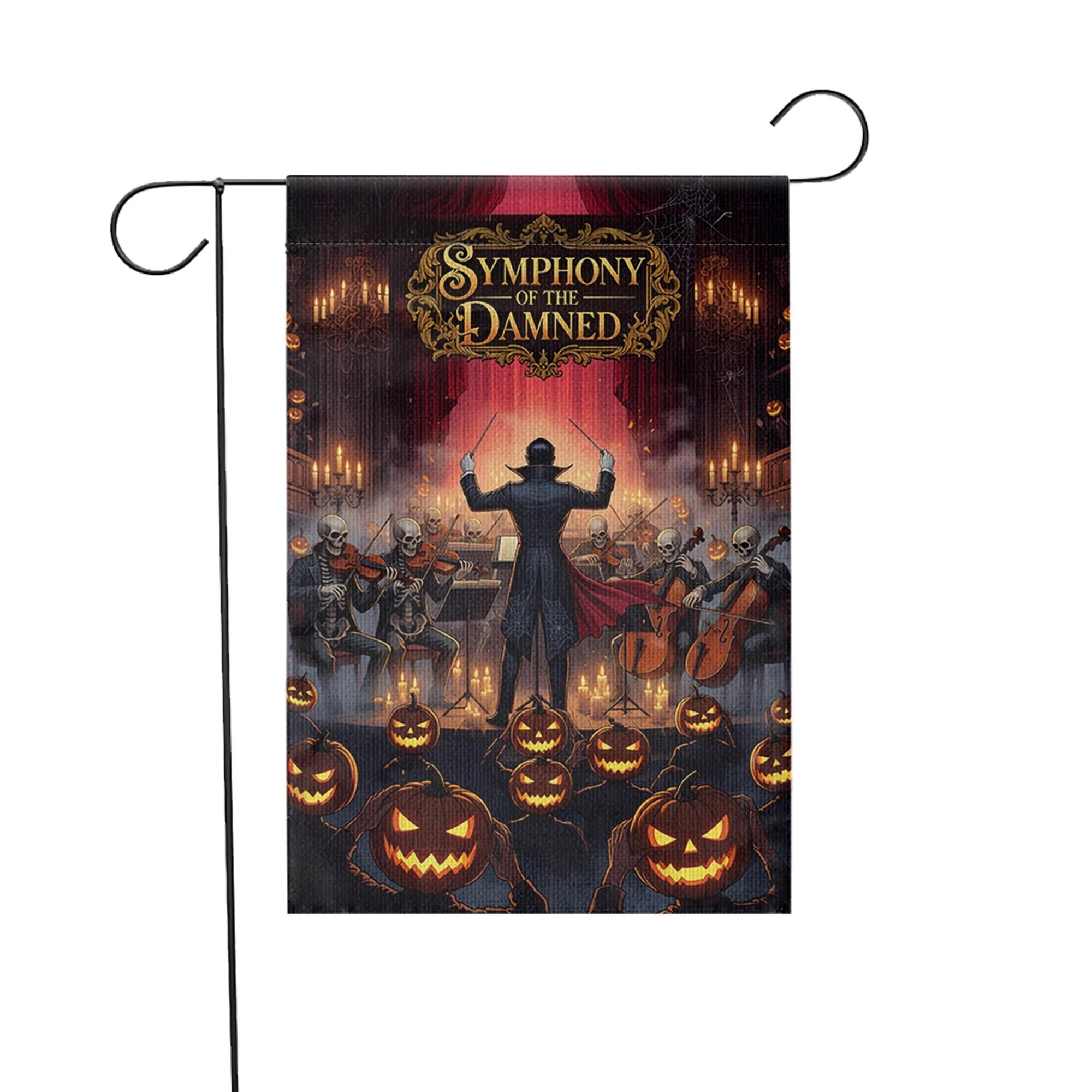 Halloween Garden Flag – Symphony of the Damned Skeleton Music Decor – Spooky Pumpkin Yard Banner
