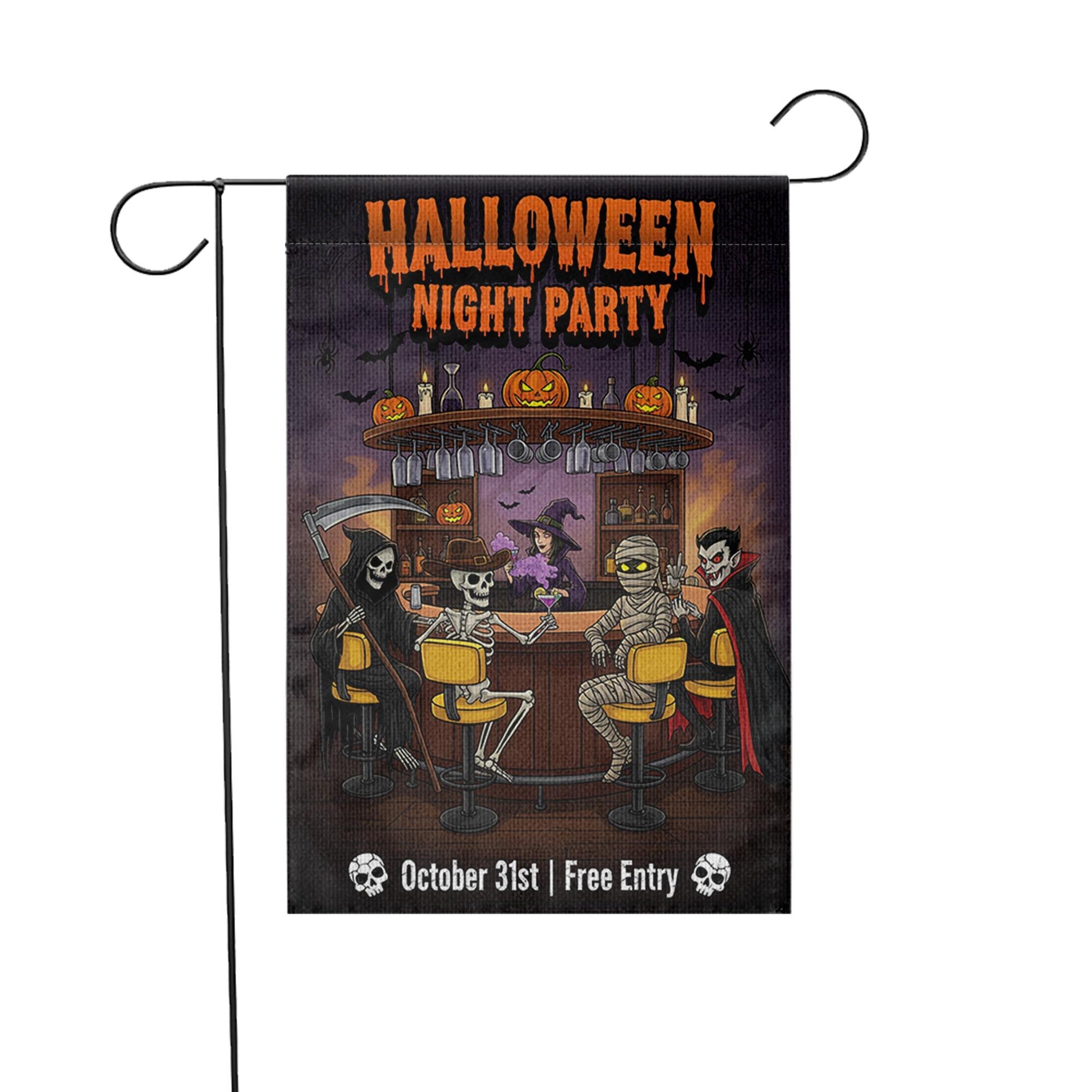 Halloween Night Party Garden Flag – Funny Skeleton Vampire Bar Decor – October 31 Yard Sign