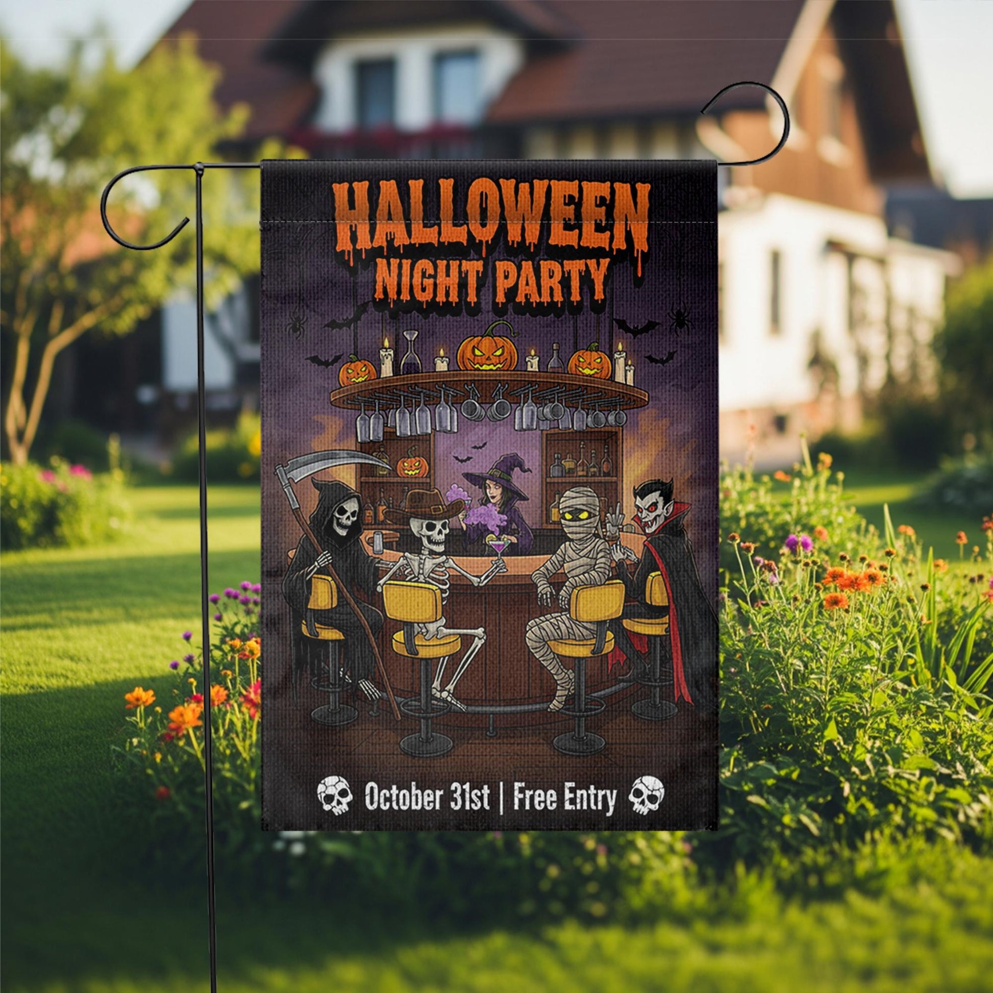 Halloween Night Party Garden Flag – Funny Skeleton Vampire Bar Decor – October 31 Yard Sign