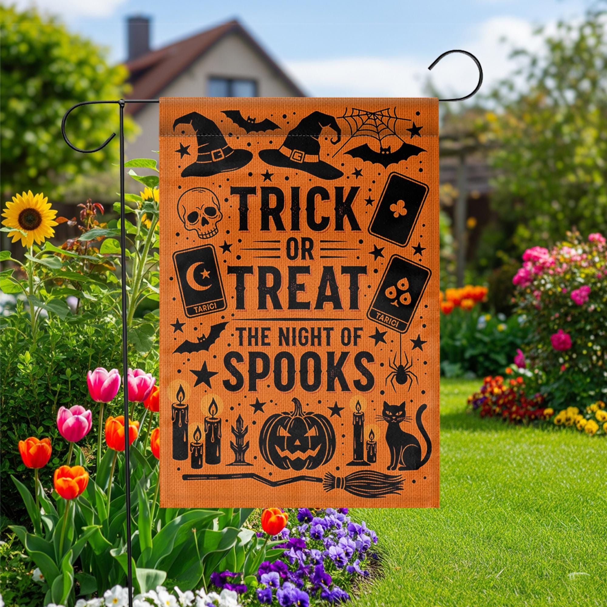 Trick or Treat Halloween Garden Flag – Night of Spooks Orange Yard Sign – Witch Black Cat Decor