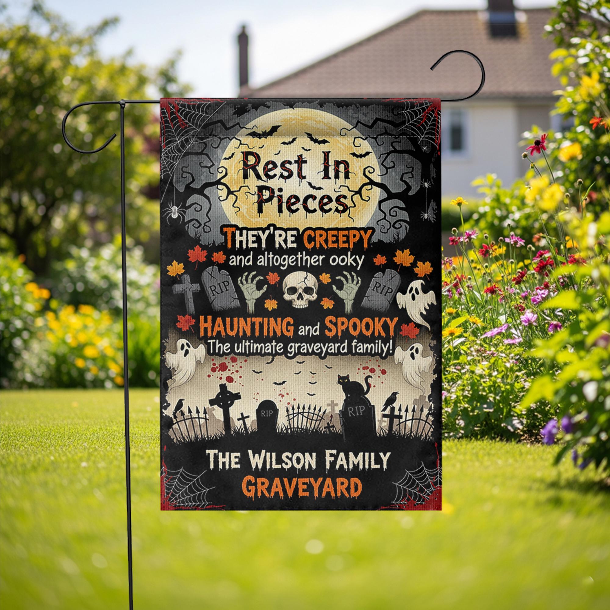 Rest in Pieces Halloween Graveyard Garden Flag – Creepy Family Name Yard Sign – Spooky Outdoor Decor