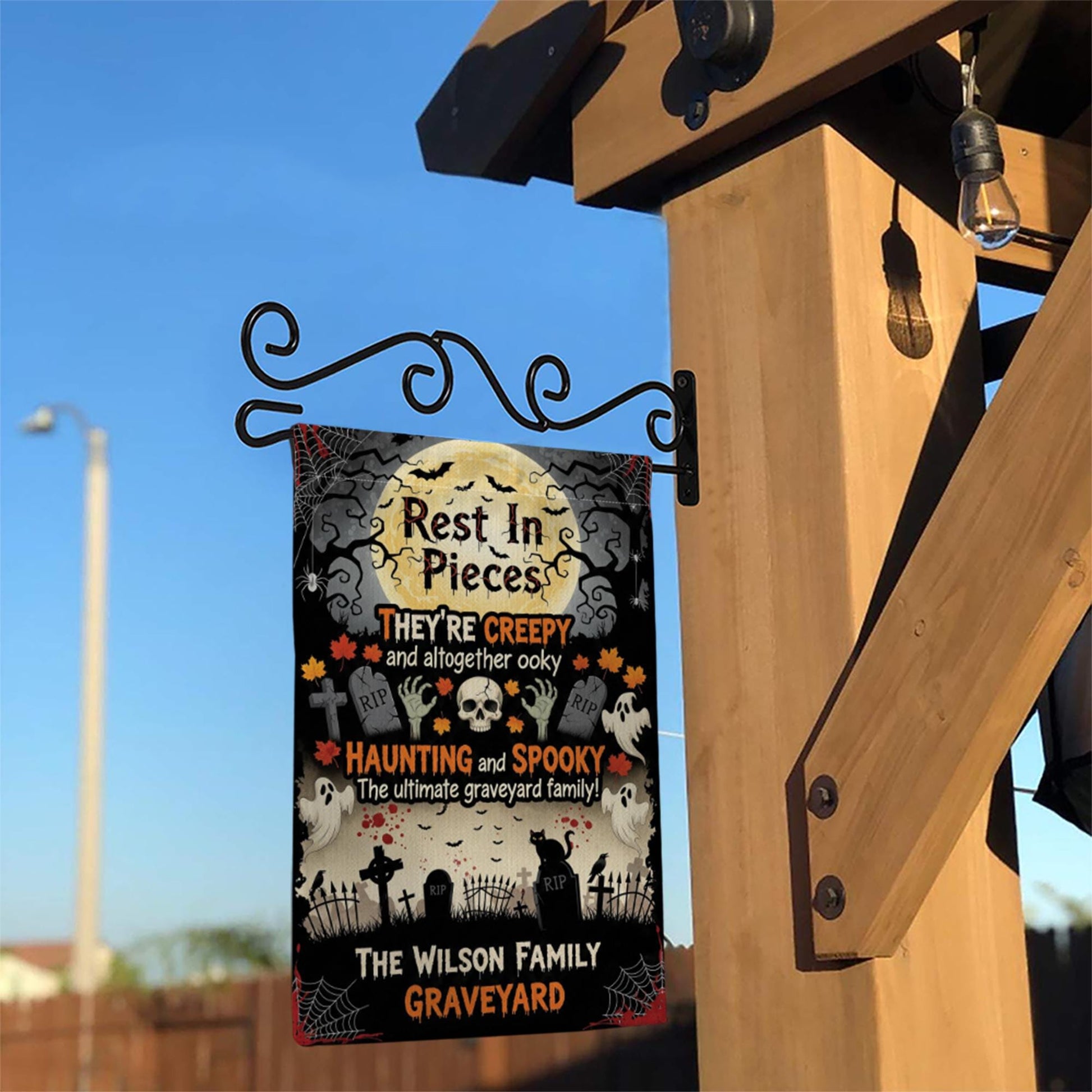 Rest in Pieces Halloween Graveyard Garden Flag – Creepy Family Name Yard Sign – Spooky Outdoor Decor