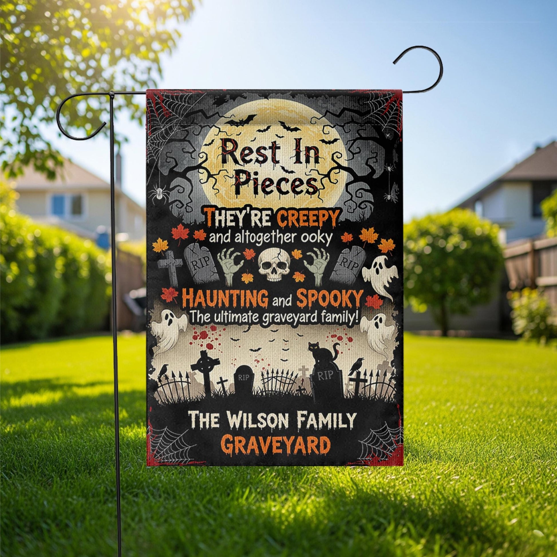 Rest in Pieces Halloween Graveyard Garden Flag – Creepy Family Name Yard Sign – Spooky Outdoor Decor