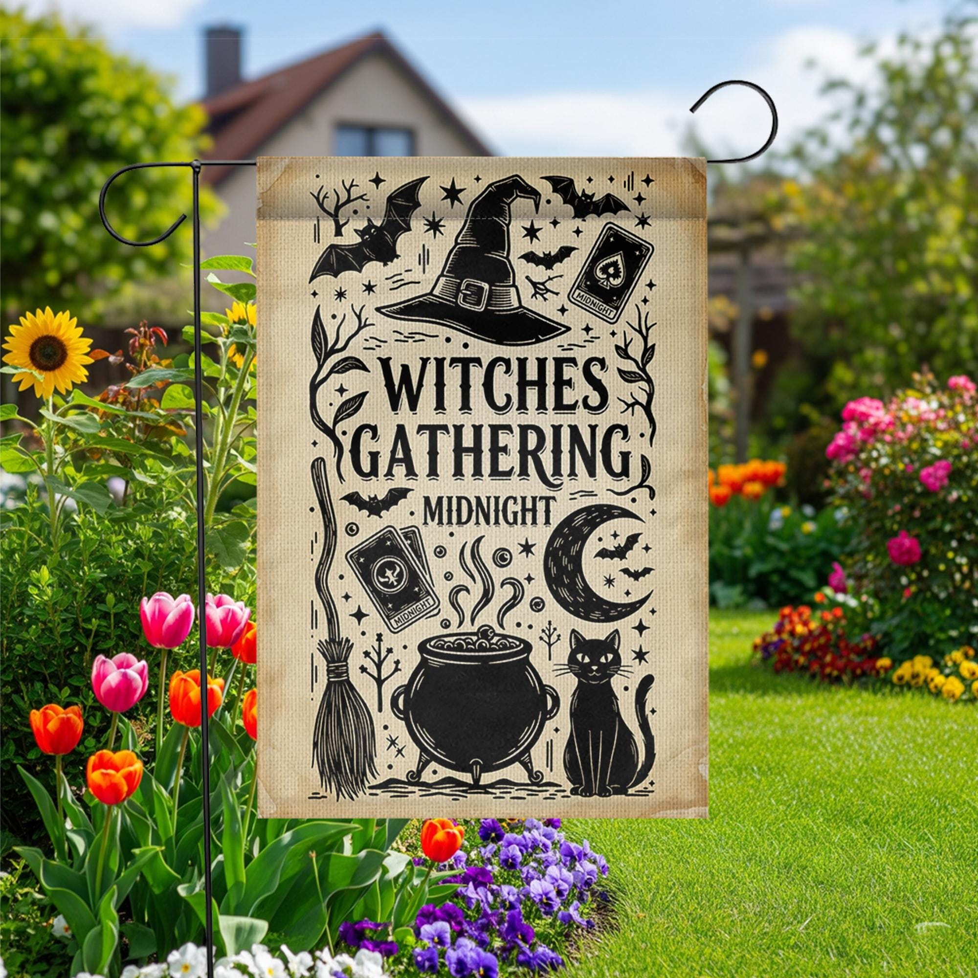 Witches Gathering Garden Flag – Midnight Witch Decor – Black Cat Cauldron Yard Sign Halloween