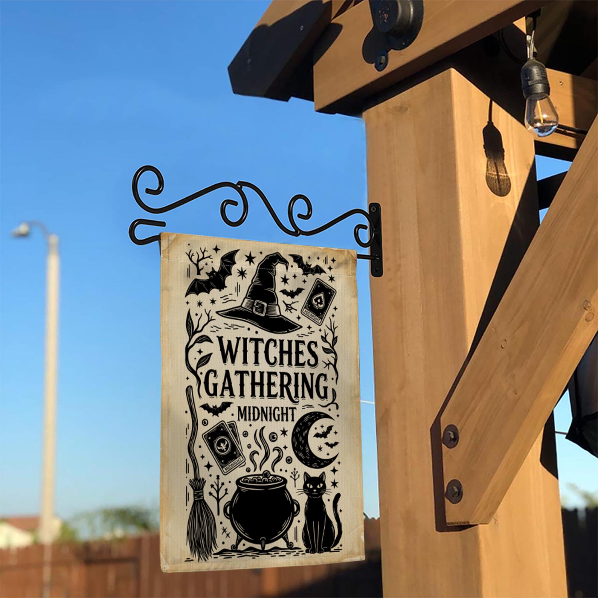 Witches Gathering Garden Flag – Midnight Witch Decor – Black Cat Cauldron Yard Sign Halloween