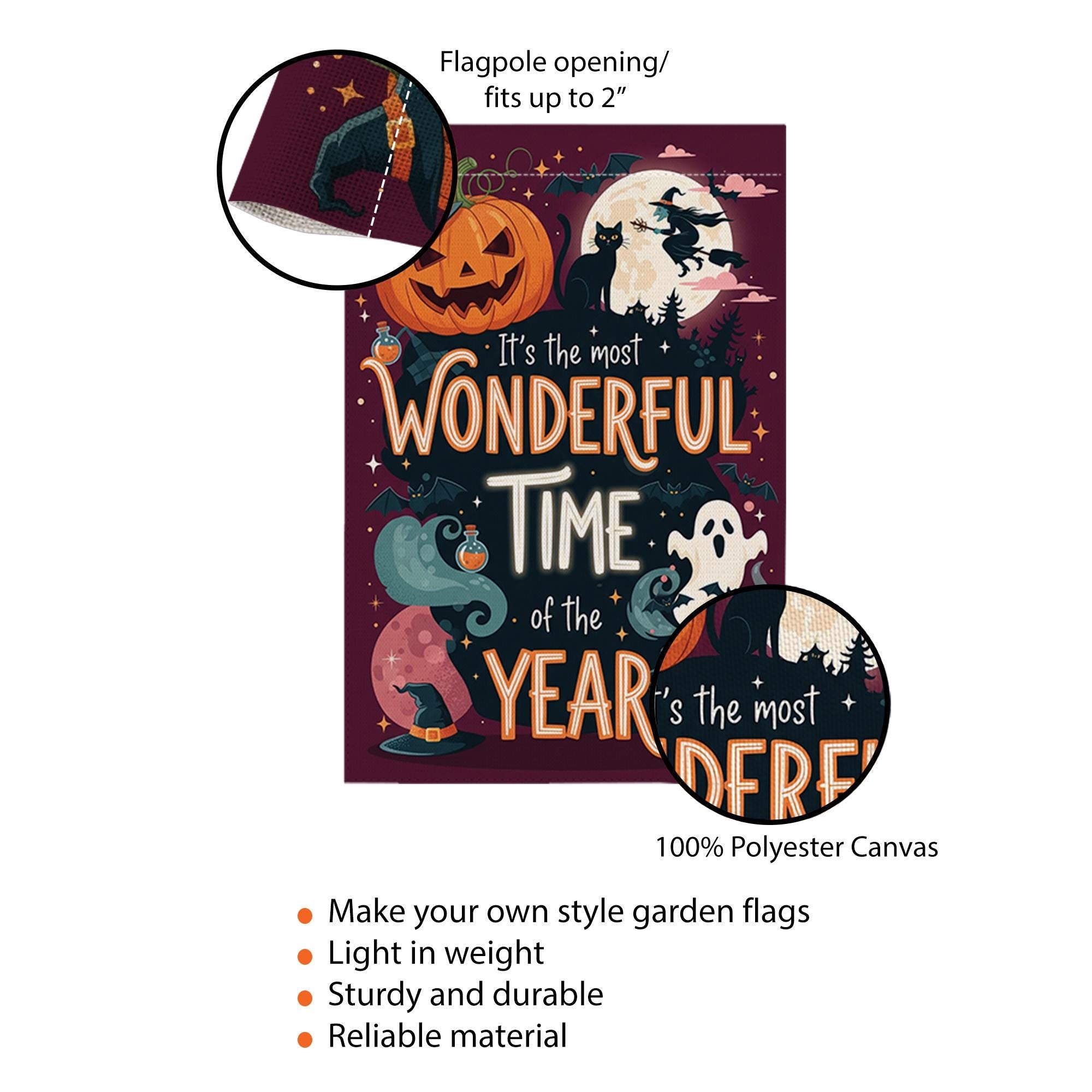 Most Wonderful Time Halloween Garden Flag – Witch Ghost Pumpkin Yard Decor – Spooky Fall Banner