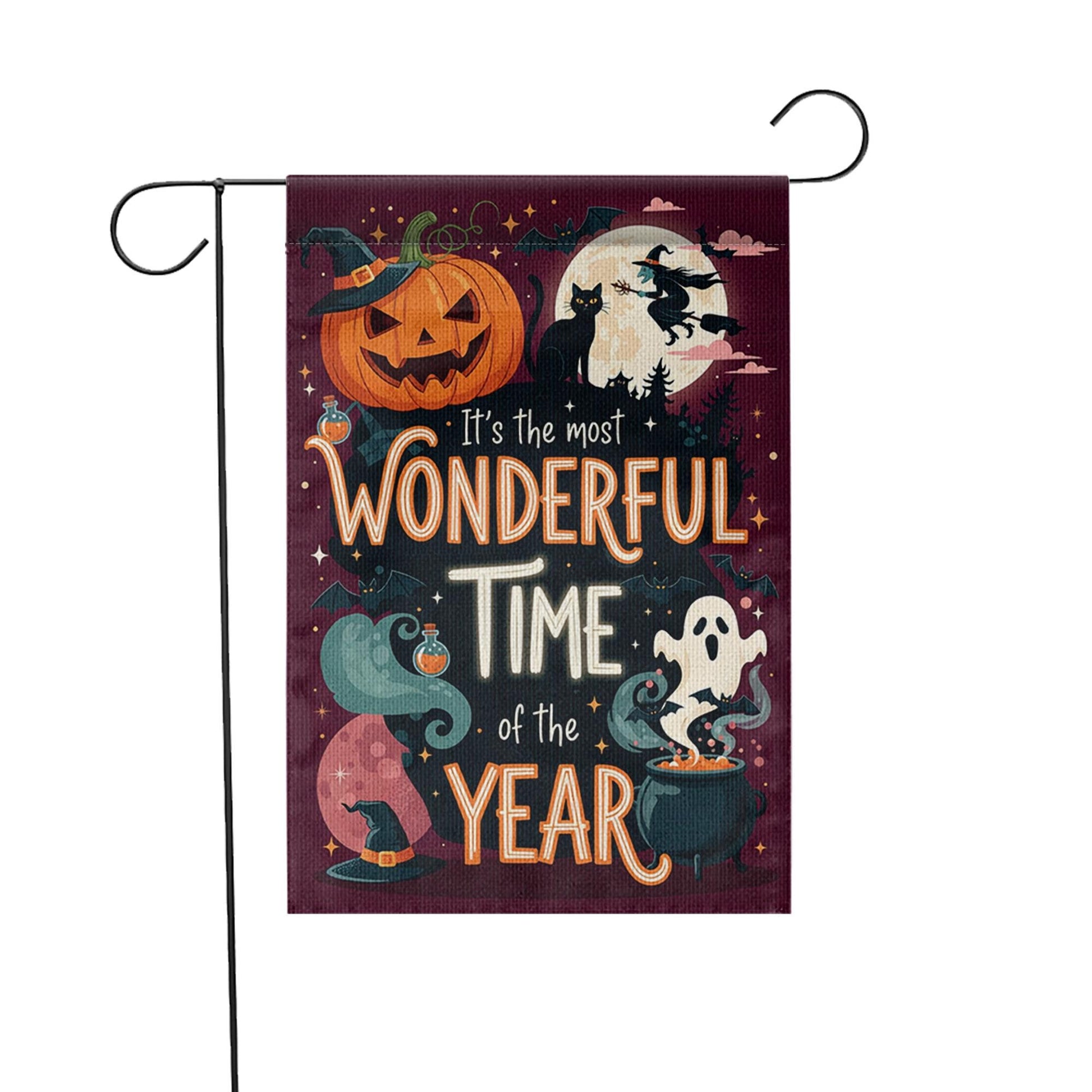 Most Wonderful Time Halloween Garden Flag – Witch Ghost Pumpkin Yard Decor – Spooky Fall Banner