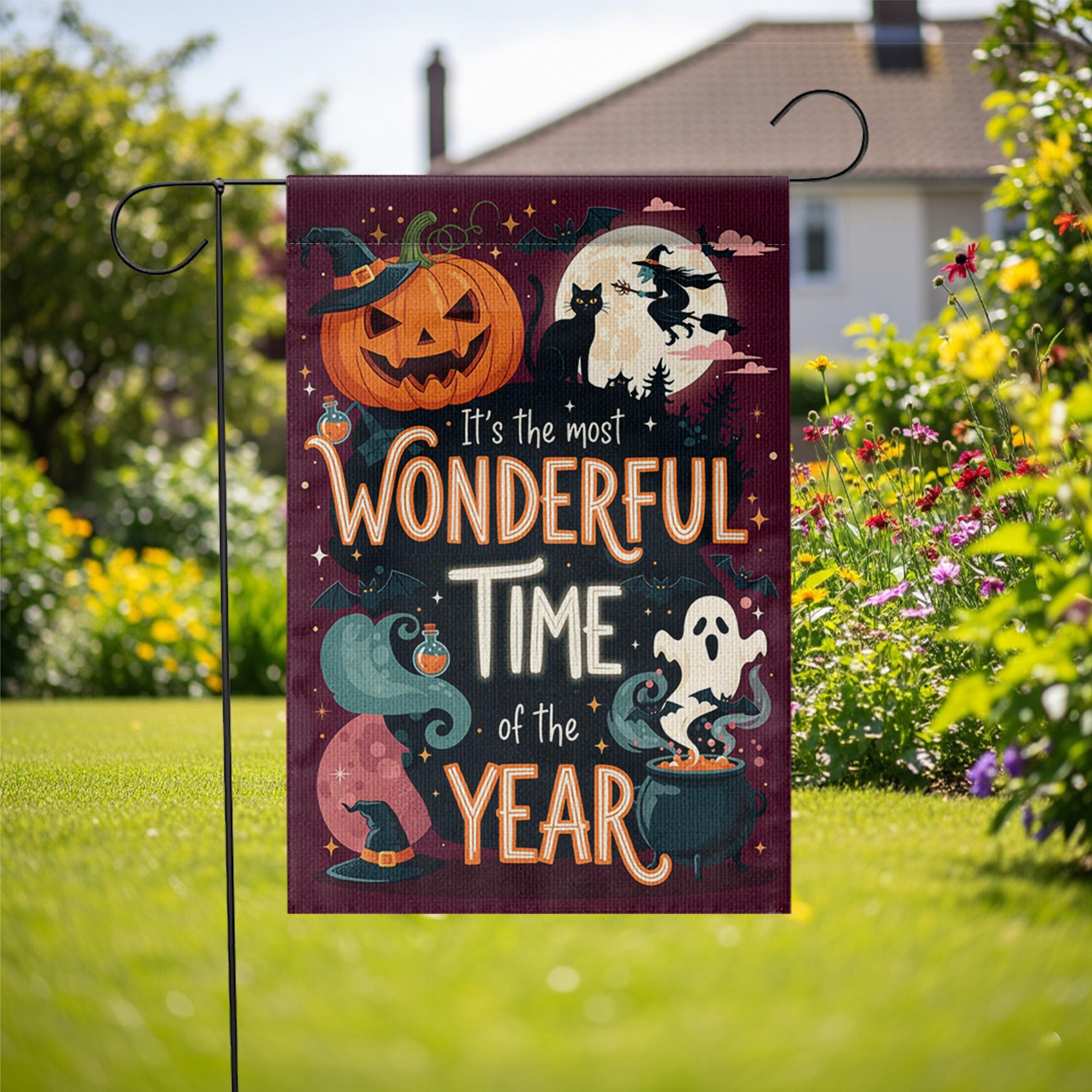 Most Wonderful Time Halloween Garden Flag – Witch Ghost Pumpkin Yard Decor – Spooky Fall Banner