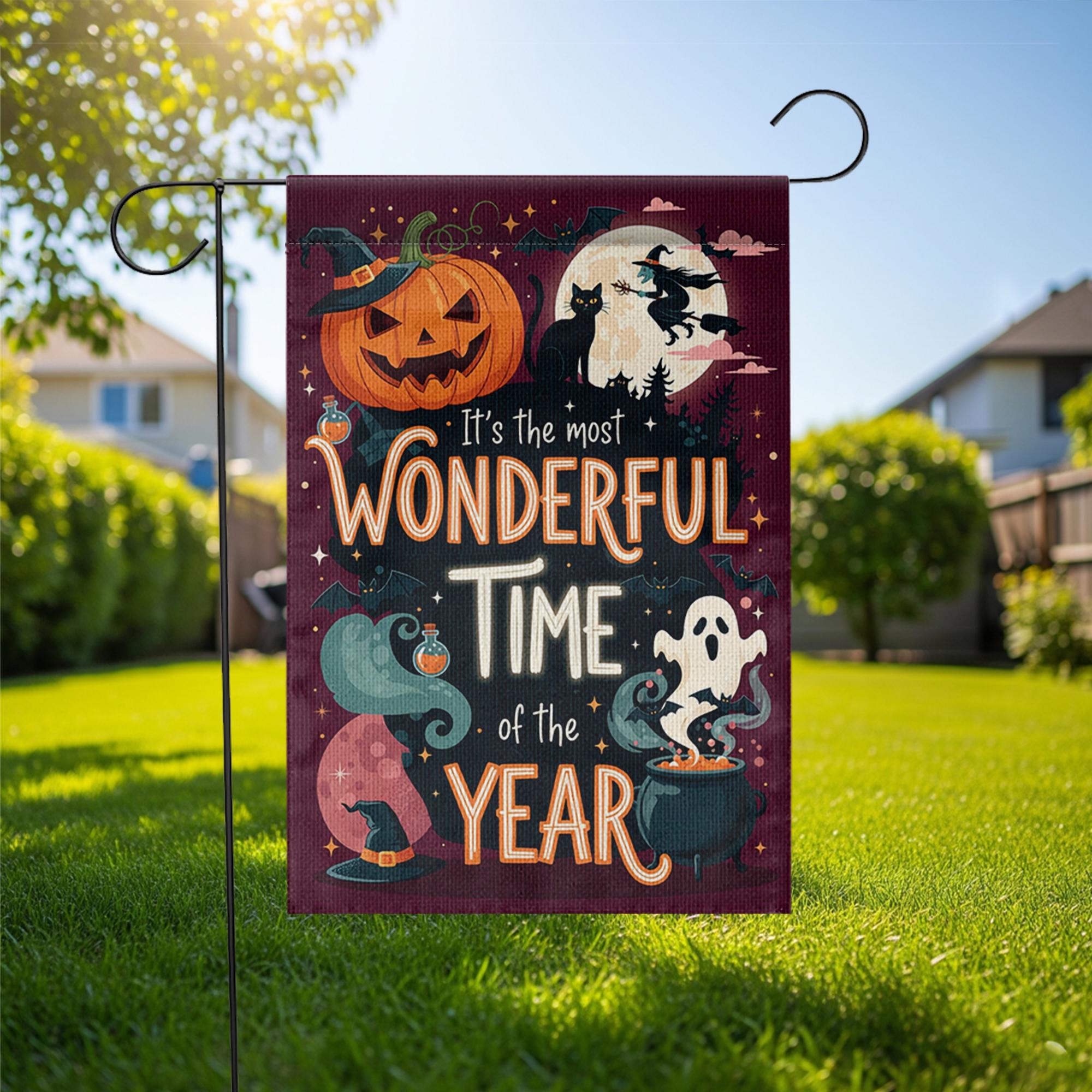 Most Wonderful Time Halloween Garden Flag – Witch Ghost Pumpkin Yard Decor – Spooky Fall Banner