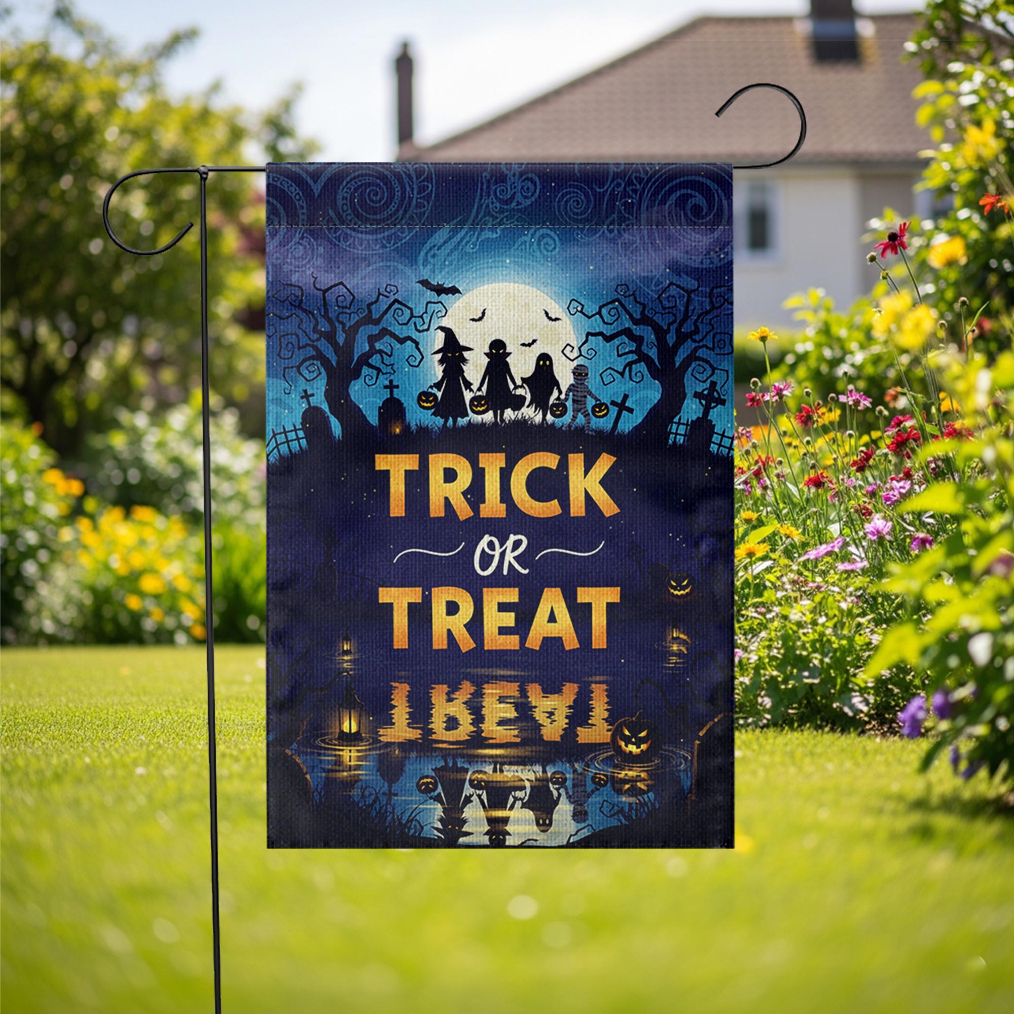 Trick or Treat Halloween Garden Flag – Spooky Night Silhouette Yard Banner – Fall Outdoor Decor