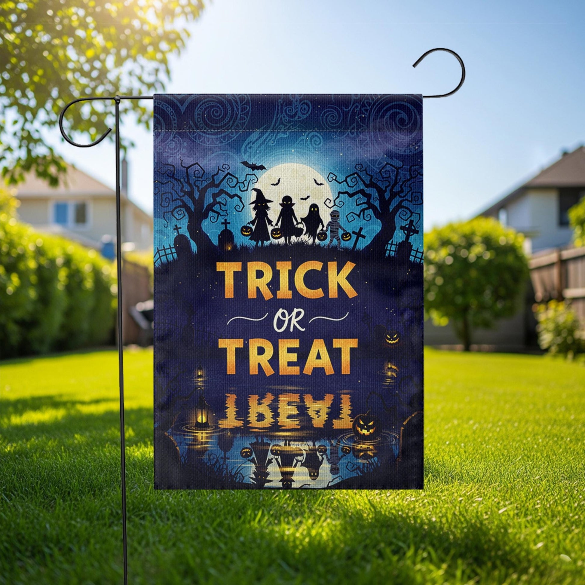 Trick or Treat Halloween Garden Flag – Spooky Night Silhouette Yard Banner – Fall Outdoor Decor