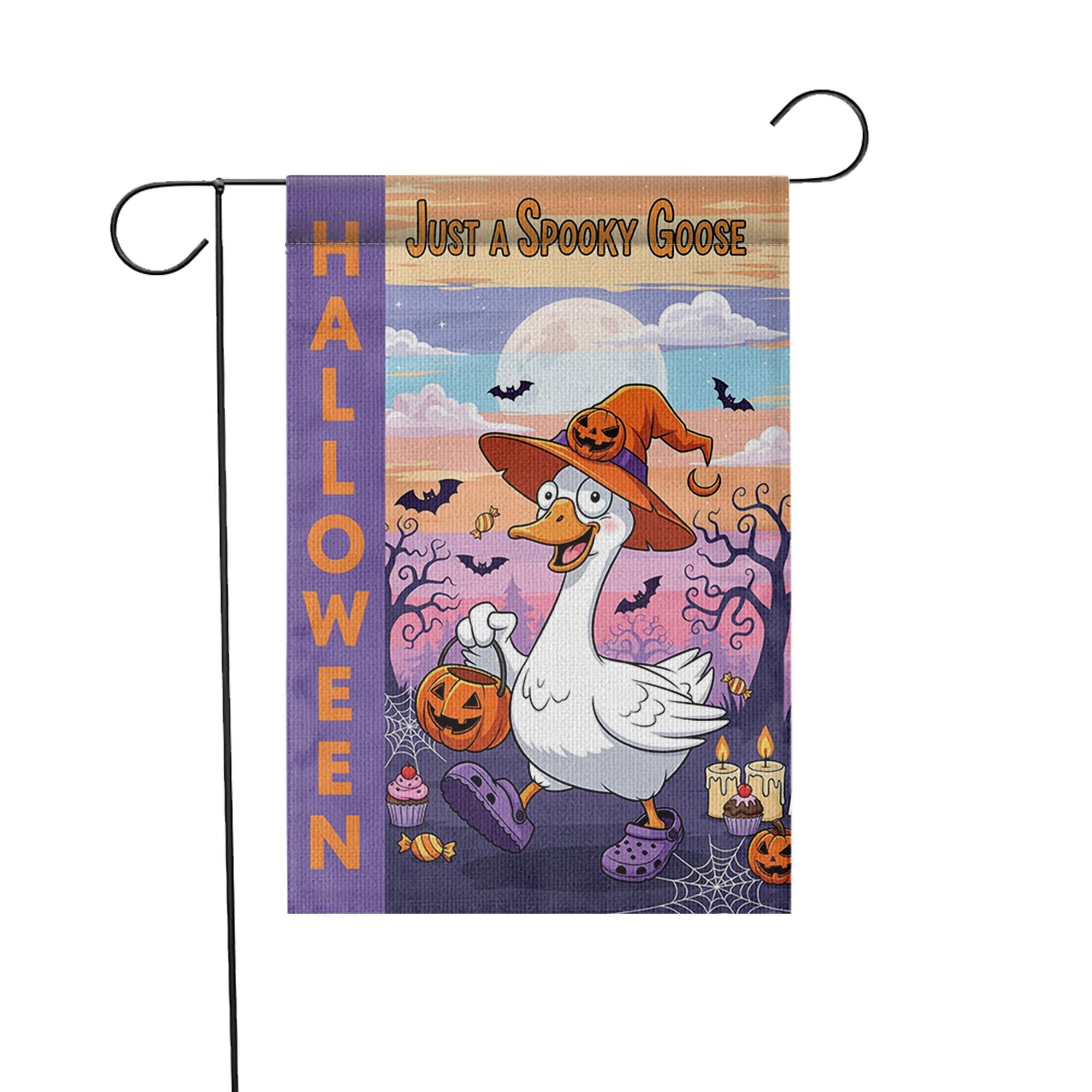 Just a Spooky Goose Halloween Garden Flag – Funny Goose Witch Yard Decor – Cute Trick or Treat Banner