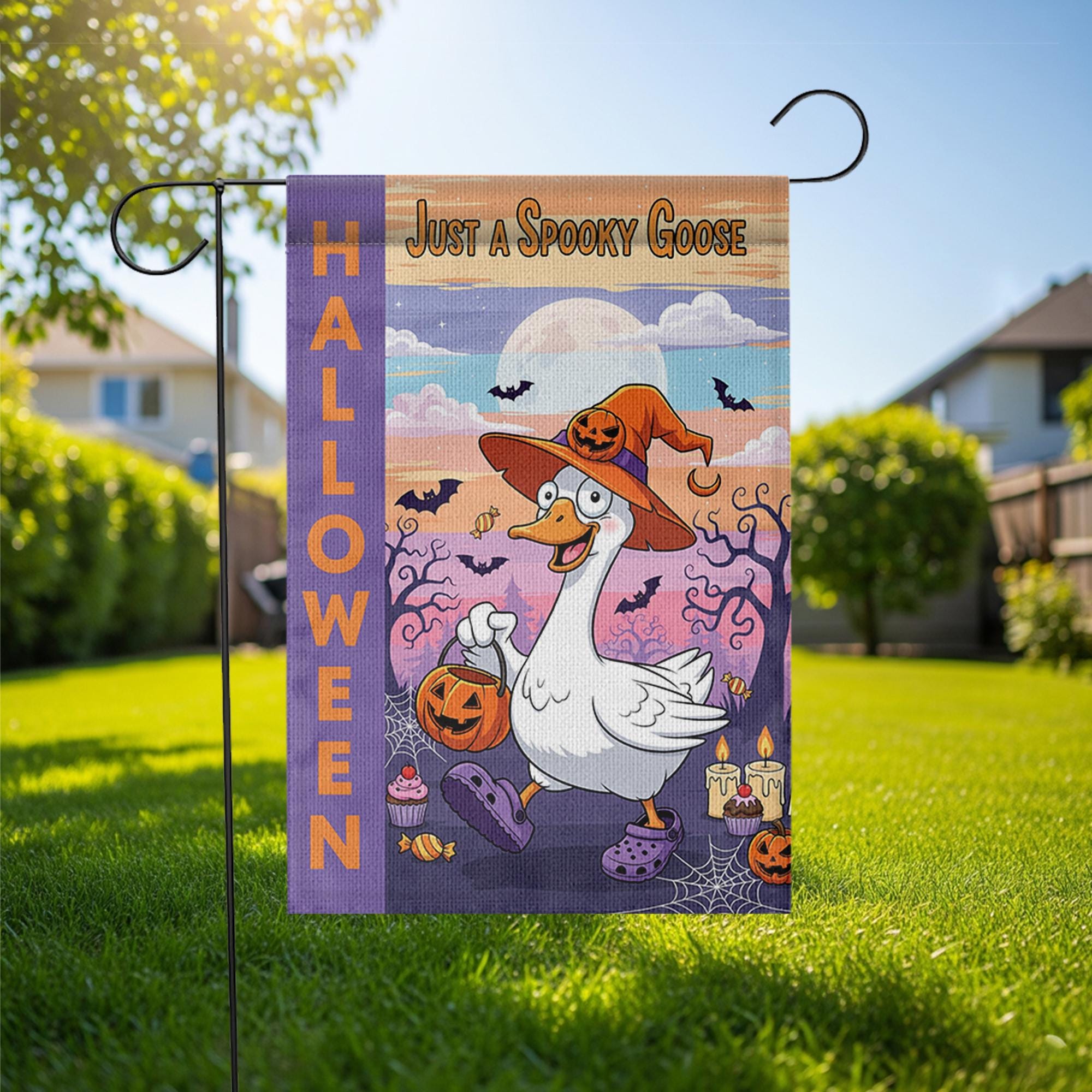 Just a Spooky Goose Halloween Garden Flag – Funny Goose Witch Yard Decor – Cute Trick or Treat Banner