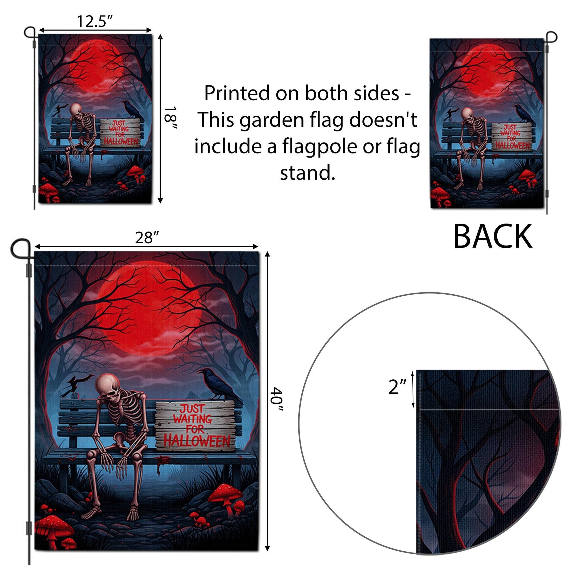 Just Waiting for Halloween Skeleton Garden Flag – Creepy Spooky Yard Decor – Red Moon Horror Banner