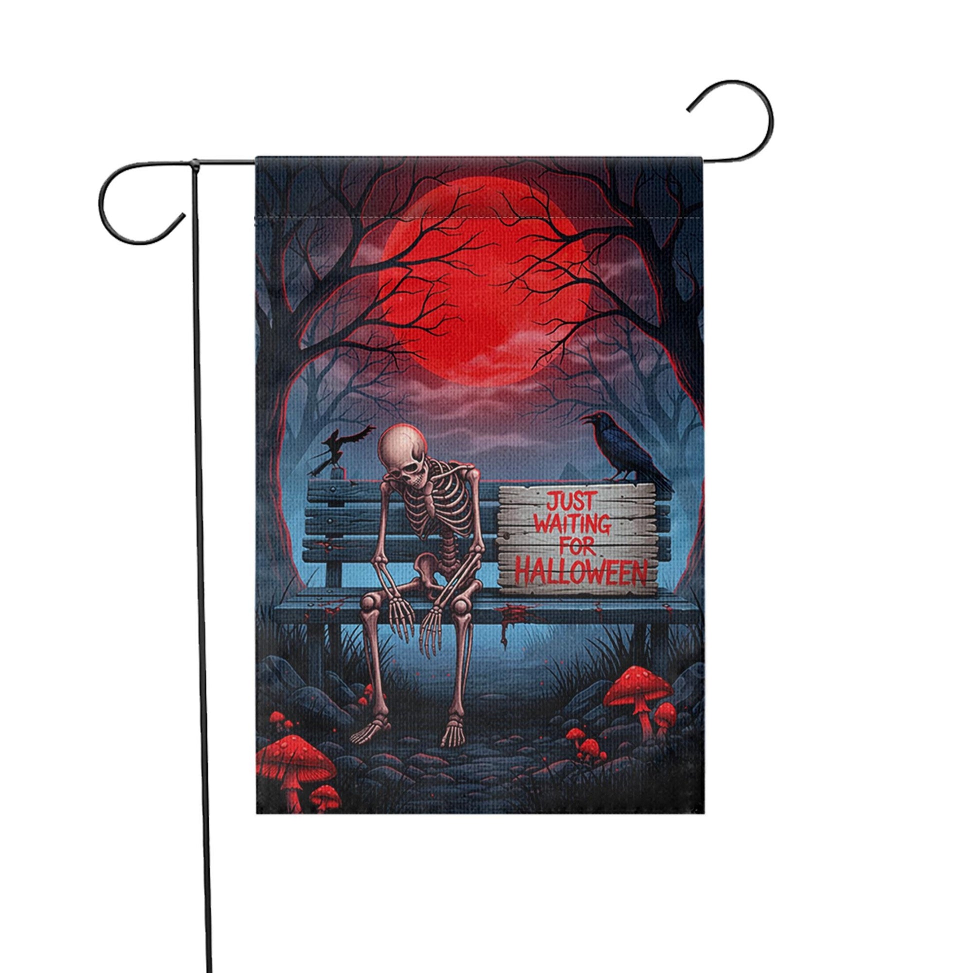 Just Waiting for Halloween Skeleton Garden Flag – Creepy Spooky Yard Decor – Red Moon Horror Banner