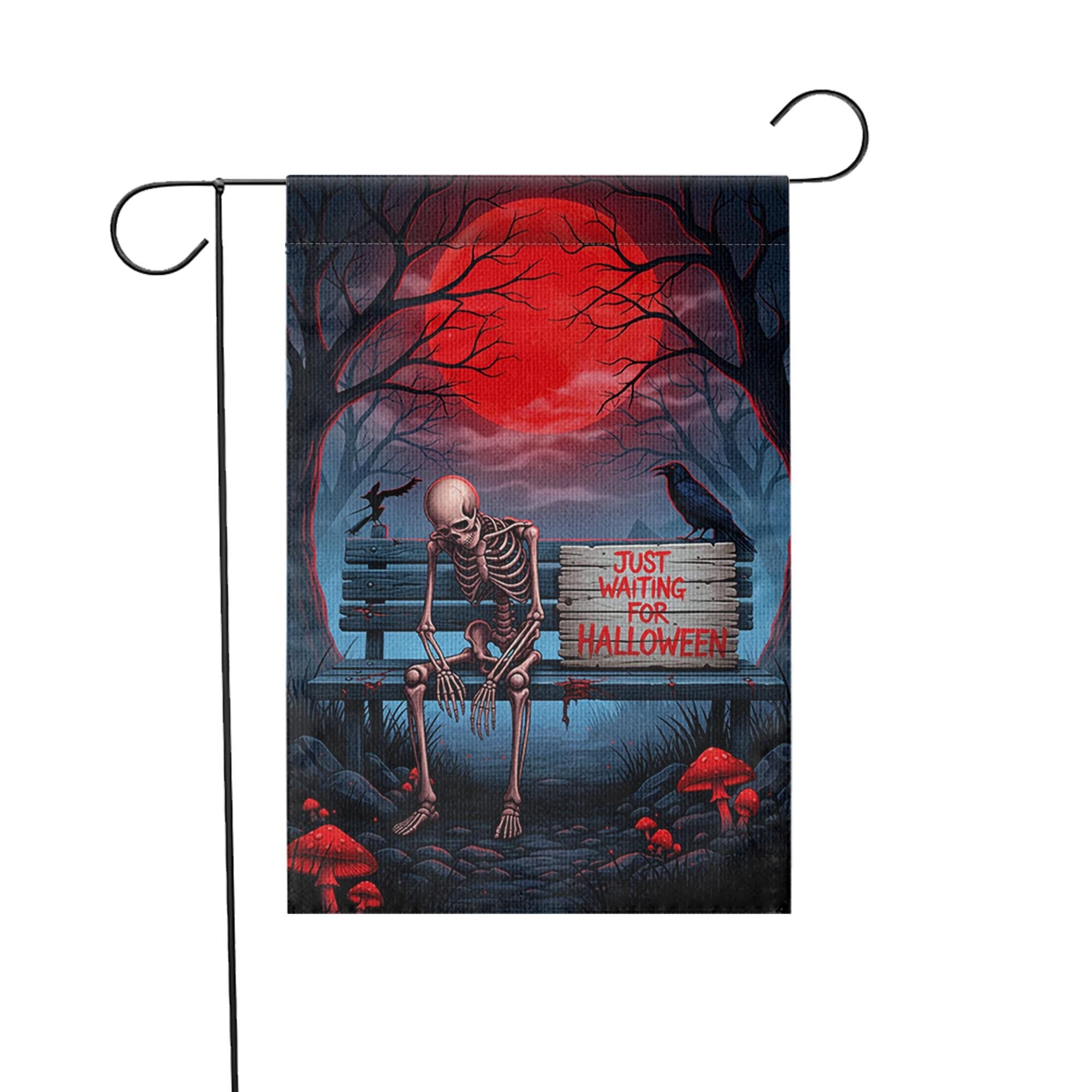 Just Waiting for Halloween Skeleton Garden Flag – Creepy Spooky Yard Decor – Red Moon Horror Banner