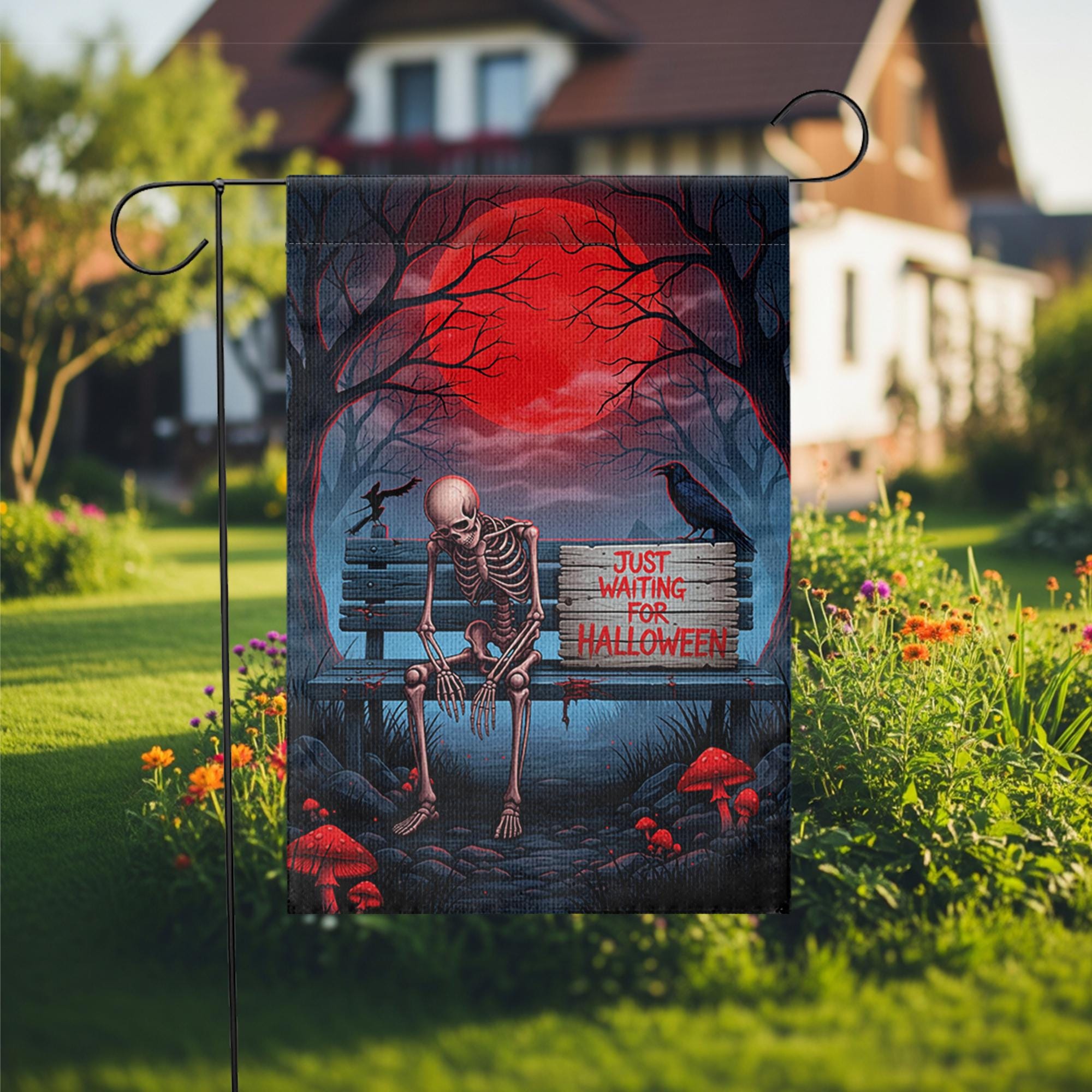 Just Waiting for Halloween Skeleton Garden Flag – Creepy Spooky Yard Decor – Red Moon Horror Banner