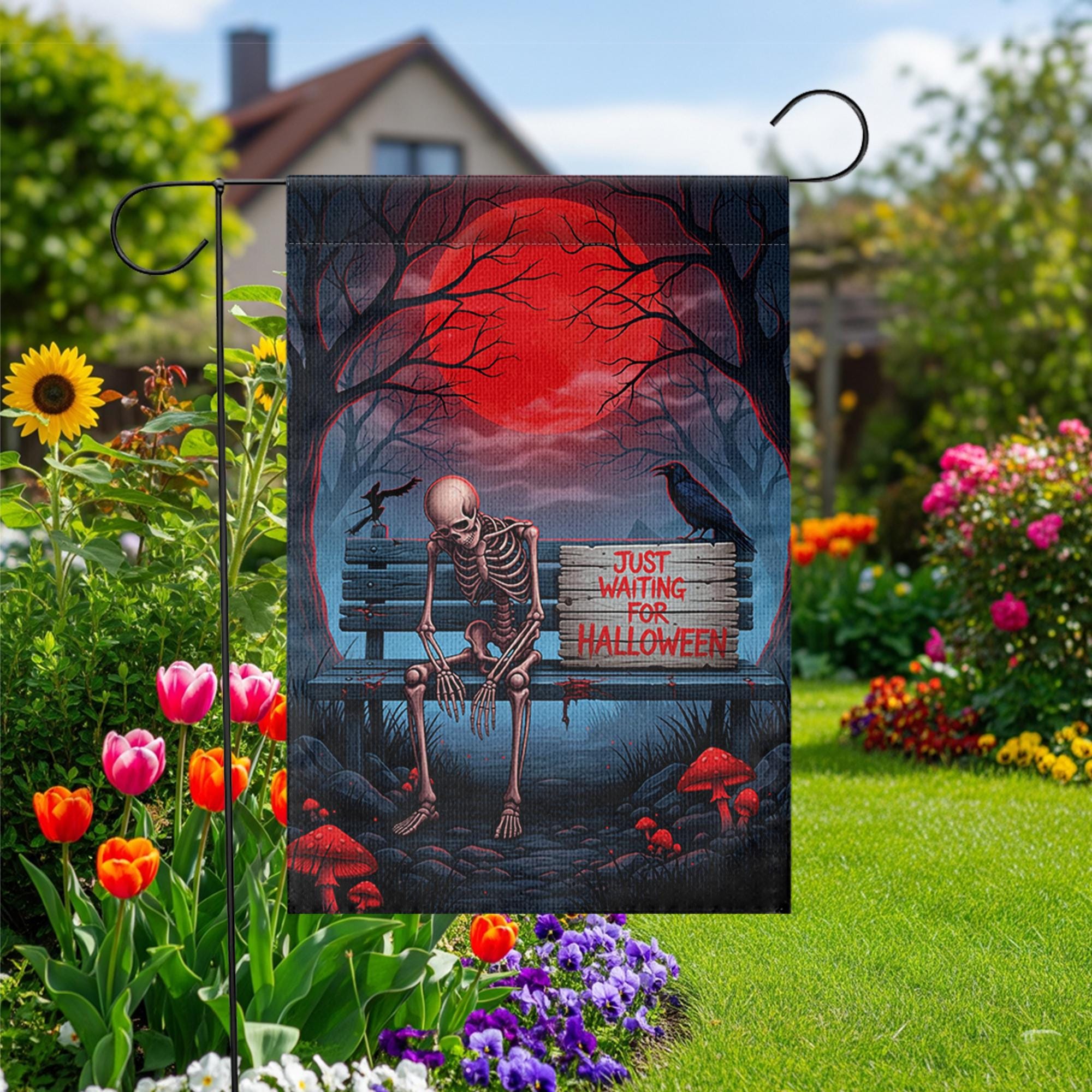 Just Waiting for Halloween Skeleton Garden Flag – Creepy Spooky Yard Decor – Red Moon Horror Banner