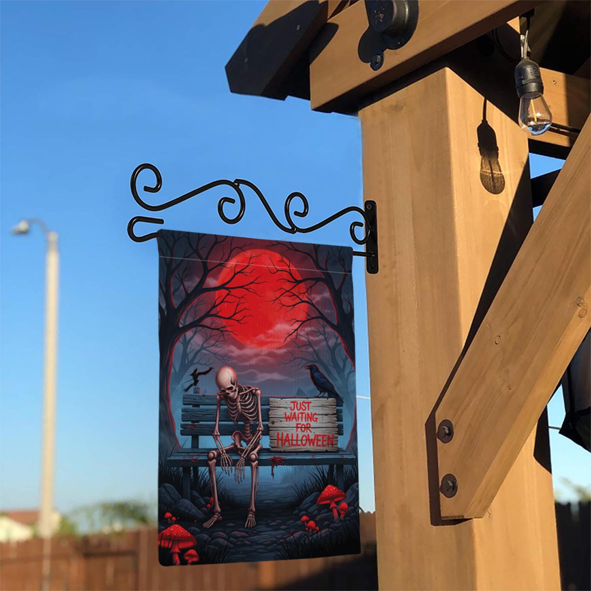 Just Waiting for Halloween Skeleton Garden Flag – Creepy Spooky Yard Decor – Red Moon Horror Banner