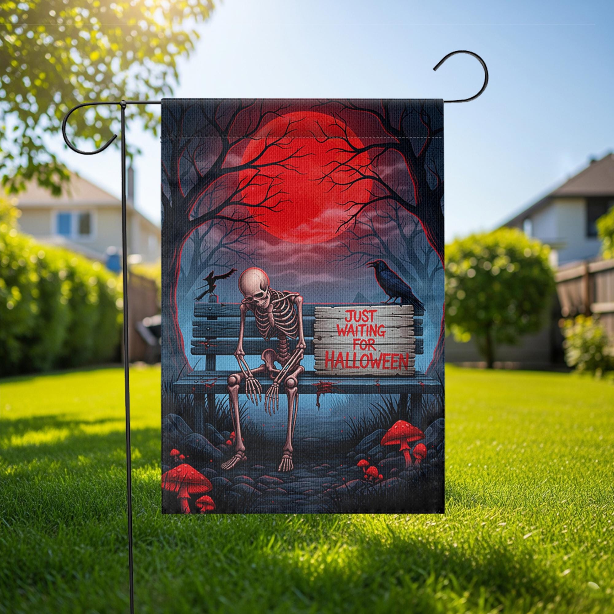 Just Waiting for Halloween Skeleton Garden Flag – Creepy Spooky Yard Decor – Red Moon Horror Banner