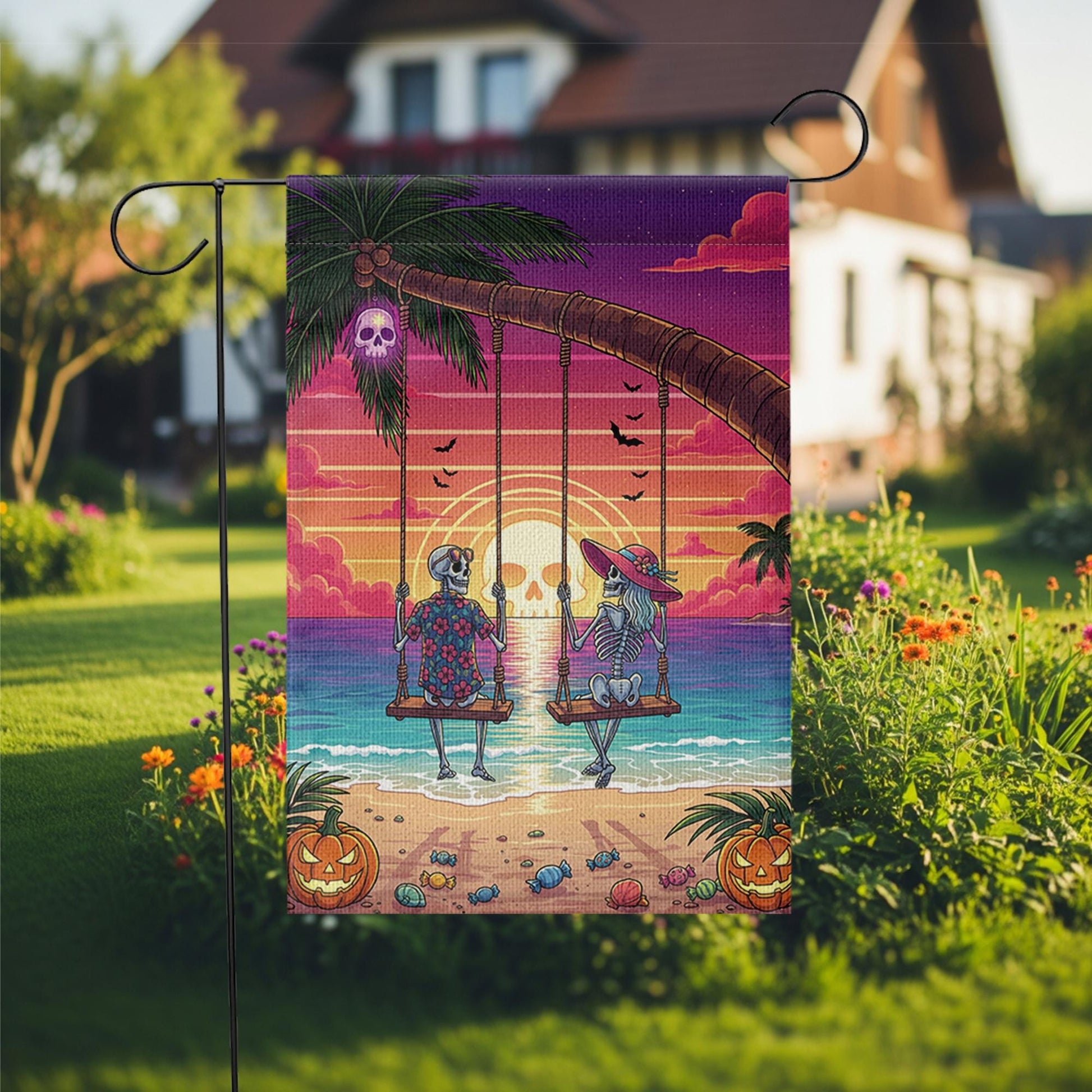 Skeleton Couple Beach Swing Garden Flag – Halloween Sunset Tropical Decor – Funny Spooky Yard Sign