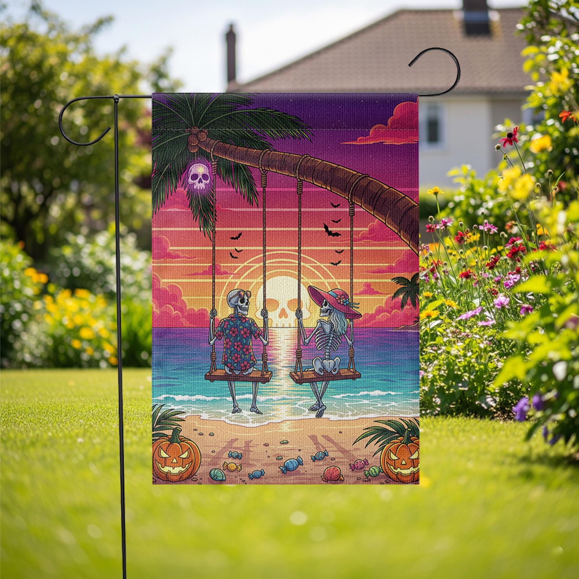 Skeleton Couple Beach Swing Garden Flag – Halloween Sunset Tropical Decor – Funny Spooky Yard Sign