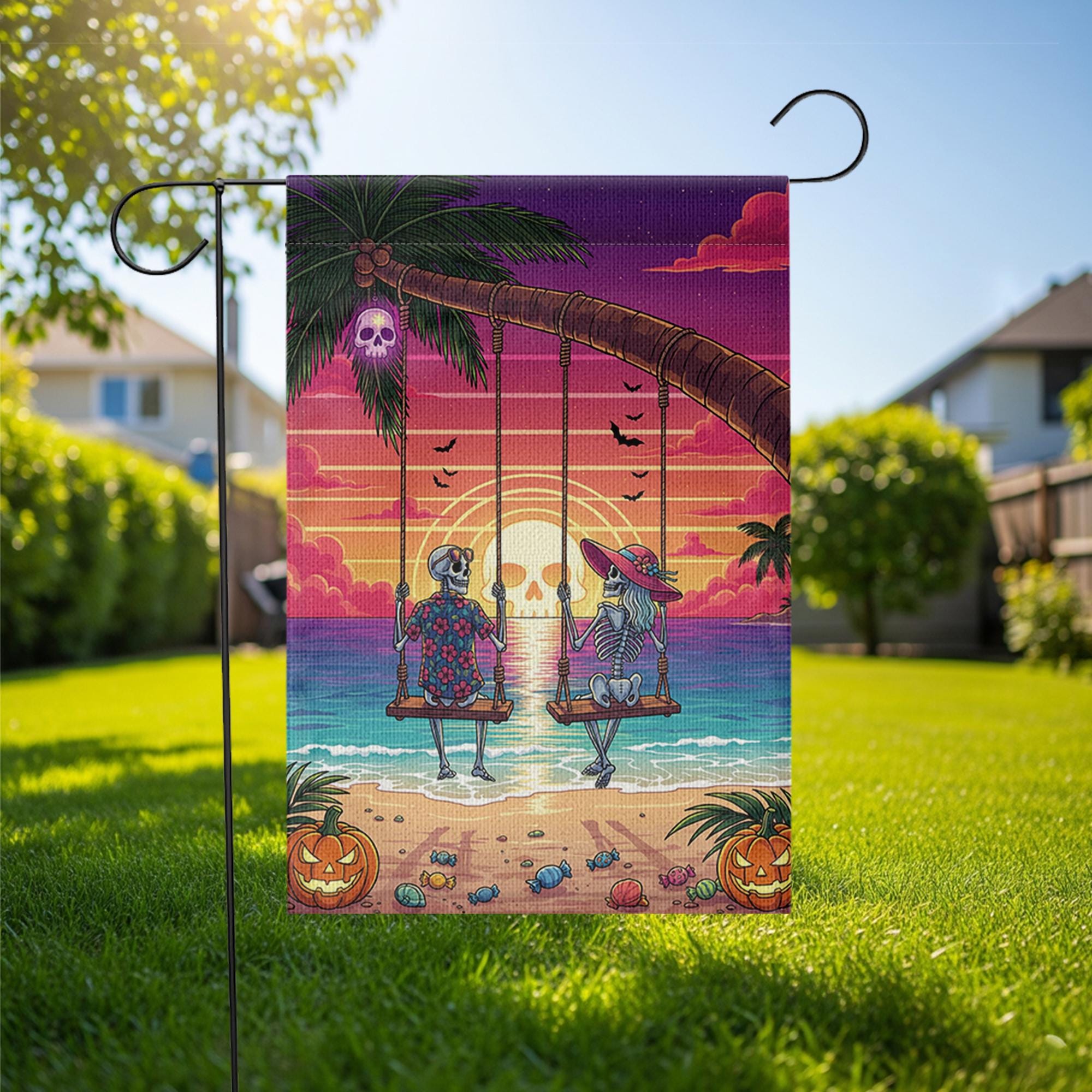 Skeleton Couple Beach Swing Garden Flag – Halloween Sunset Tropical Decor – Funny Spooky Yard Sign