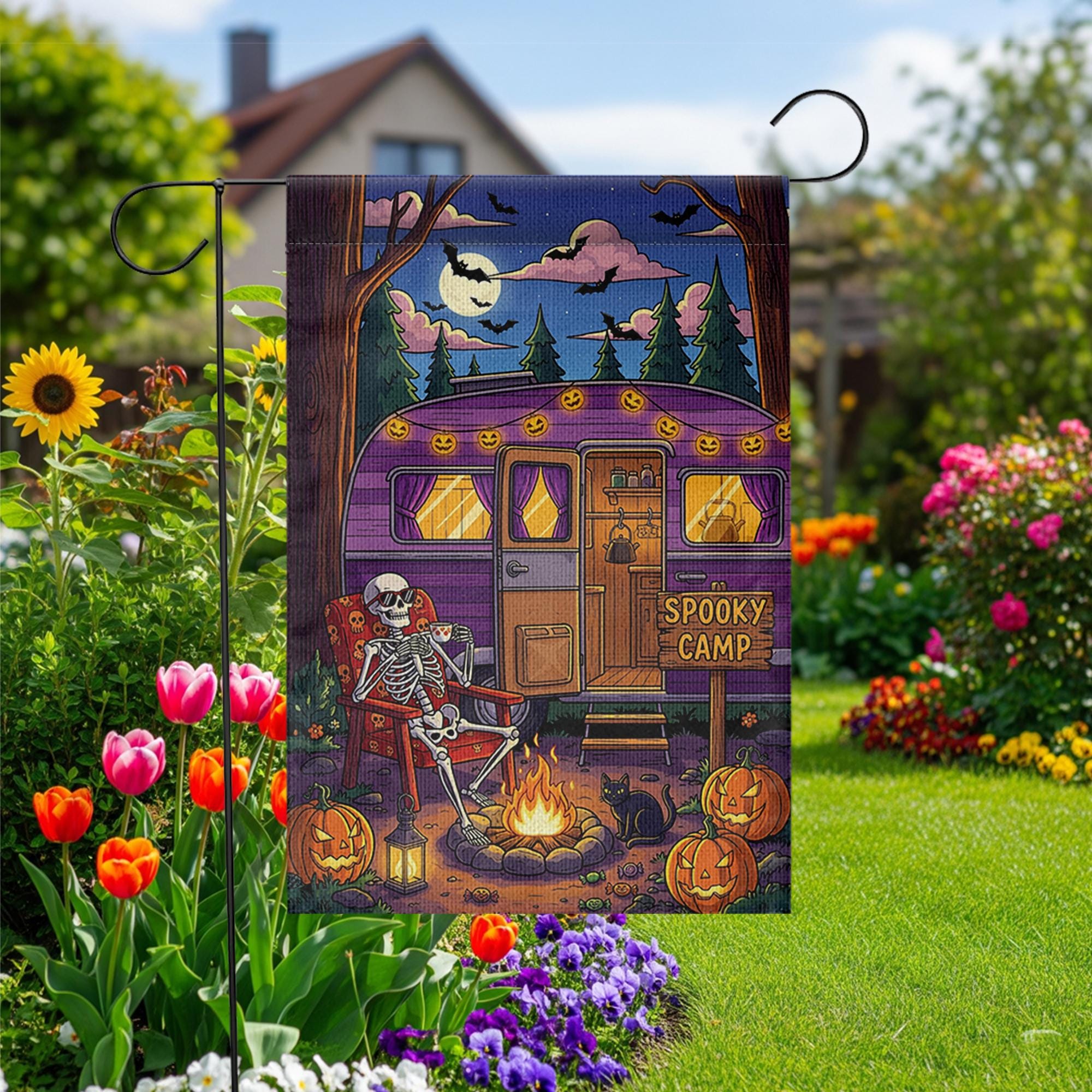 Spooky Camp Halloween Garden Flag – Skeleton Camper Firepit Yard Decor – Fall Camping Outdoor Sign