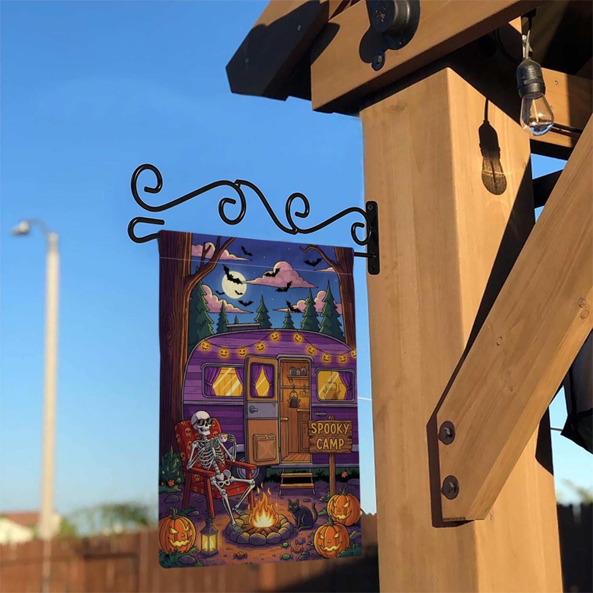 Spooky Camp Halloween Garden Flag – Skeleton Camper Firepit Yard Decor – Fall Camping Outdoor Sign