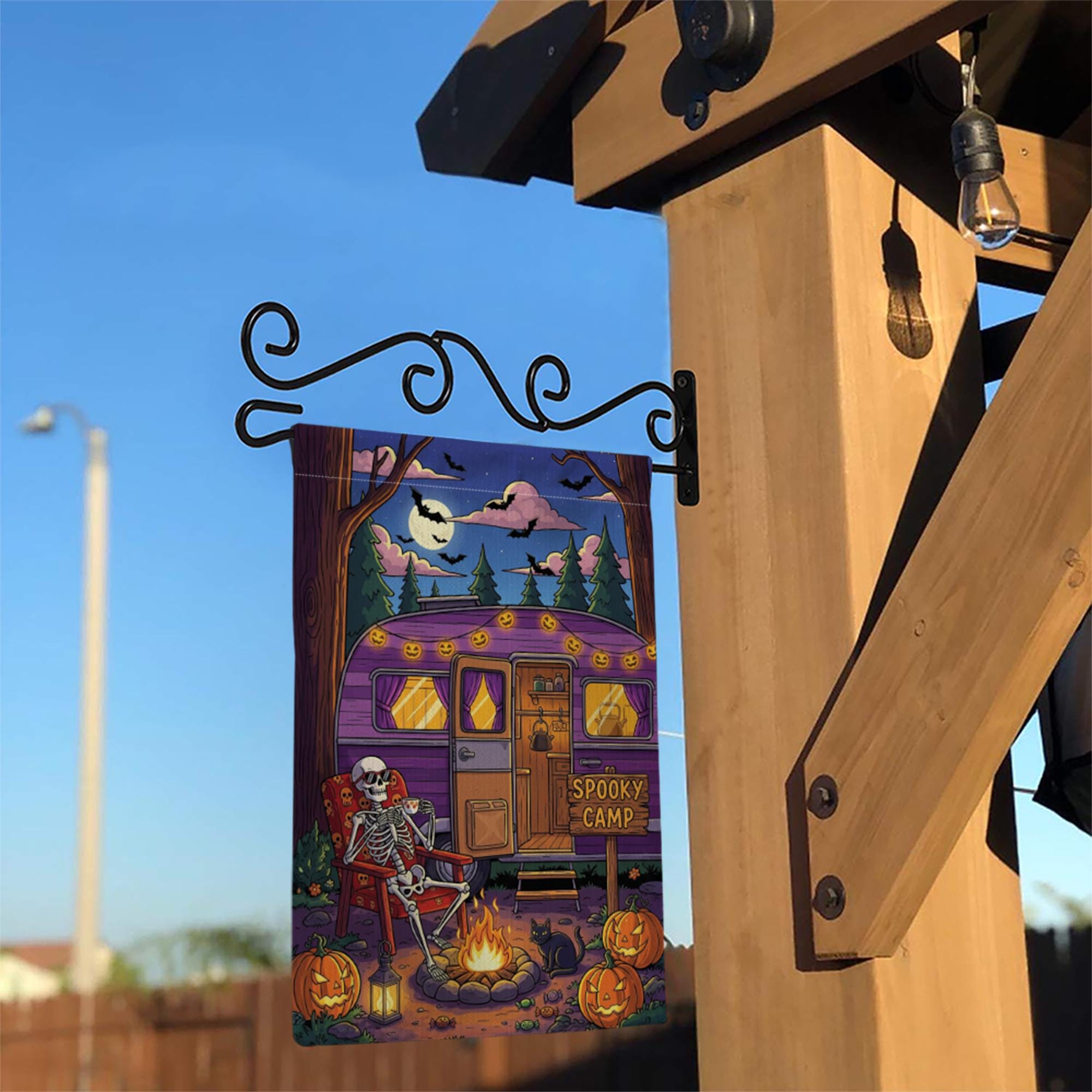 Spooky Camp Halloween Garden Flag – Skeleton Camper Firepit Yard Decor – Fall Camping Outdoor Sign