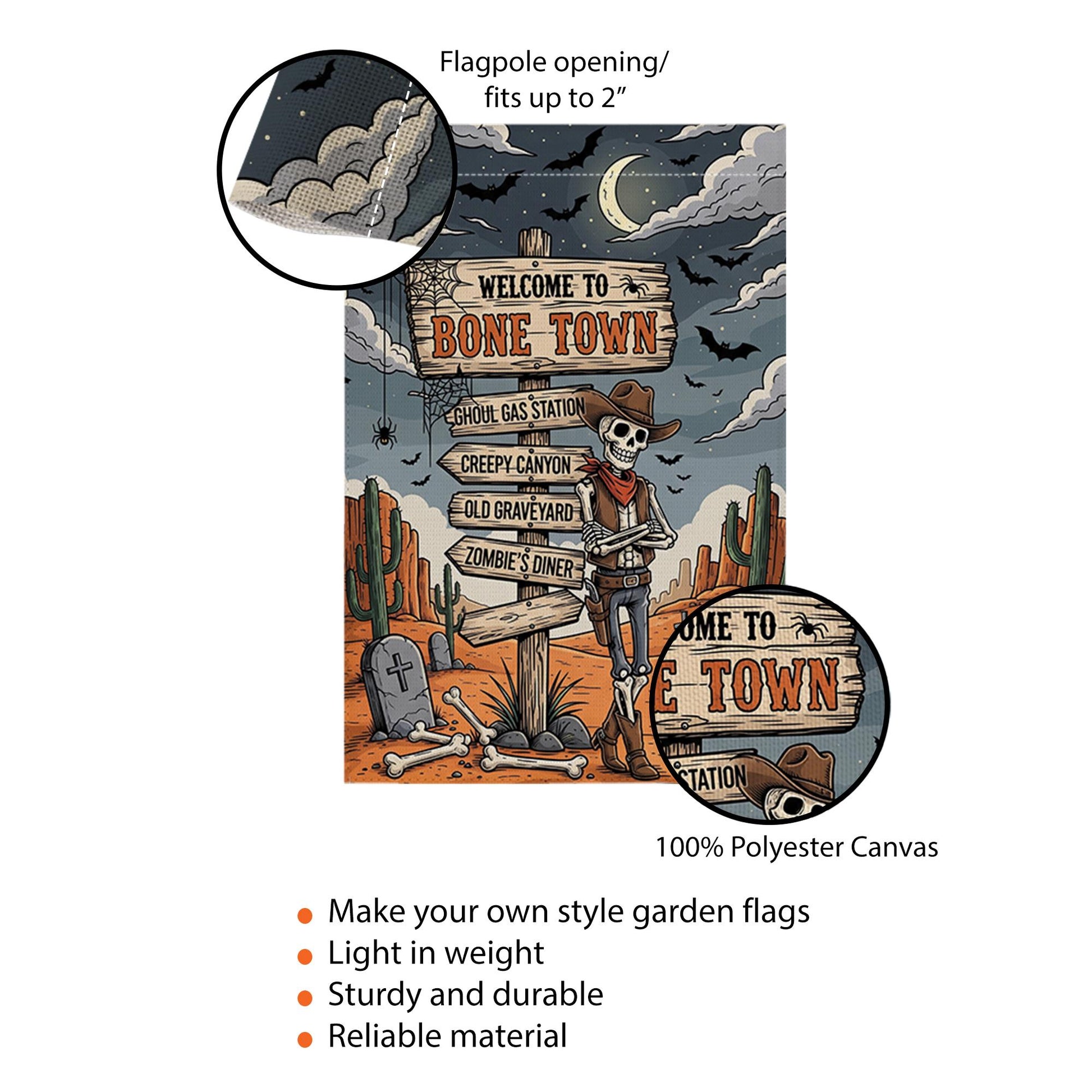 Welcome to Bone Town Halloween Garden Flag – Cowboy Skeleton Yard Sign – Funny Spooky Western Decor