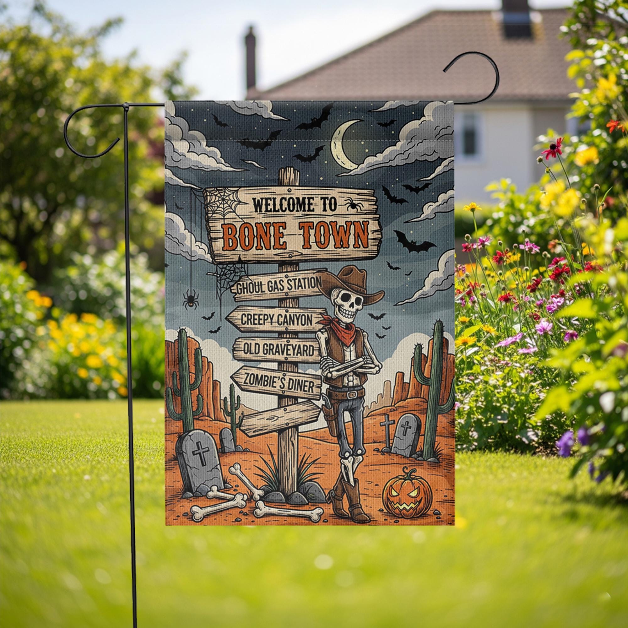 Welcome to Bone Town Halloween Garden Flag – Cowboy Skeleton Yard Sign – Funny Spooky Western Decor