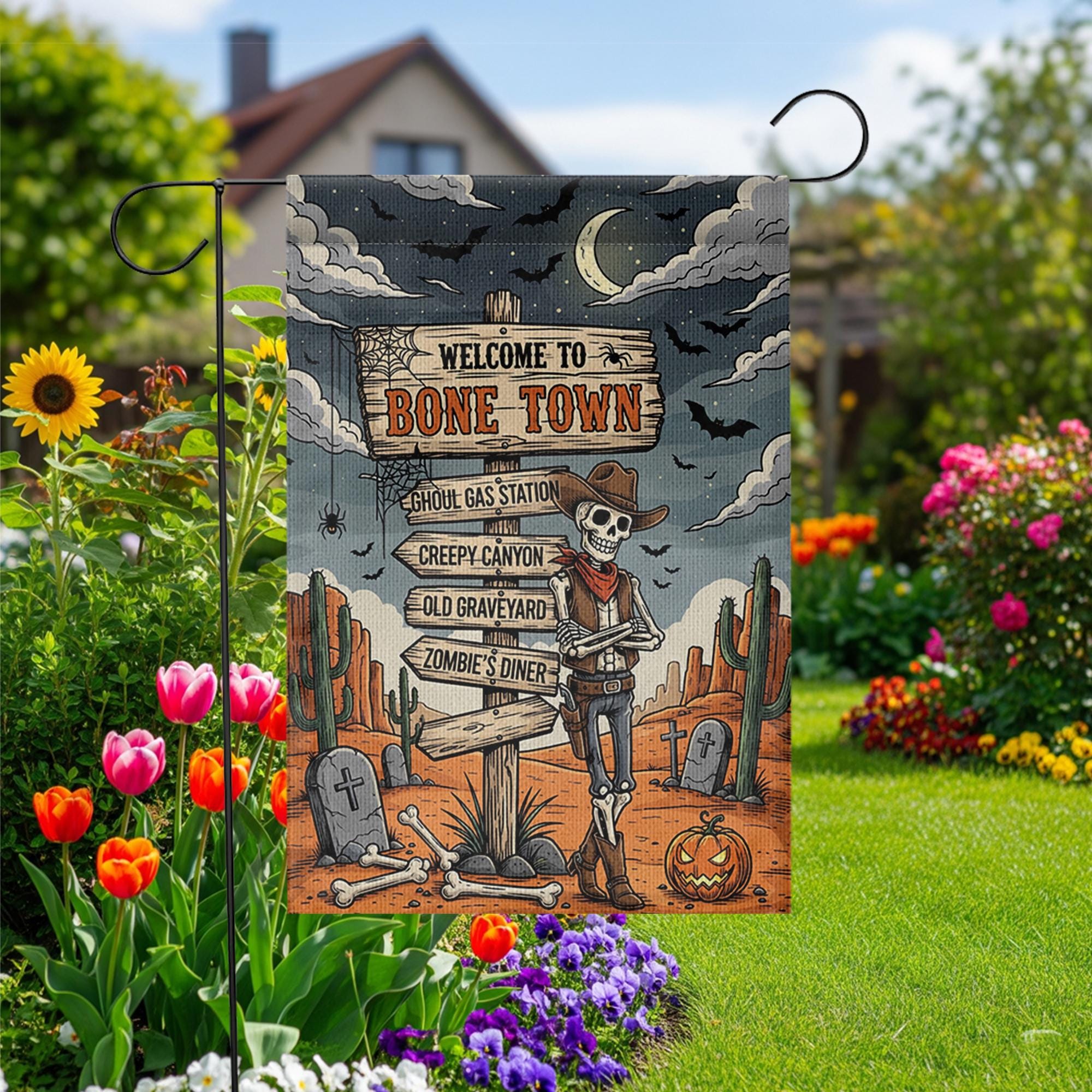 Welcome to Bone Town Halloween Garden Flag – Cowboy Skeleton Yard Sign – Funny Spooky Western Decor