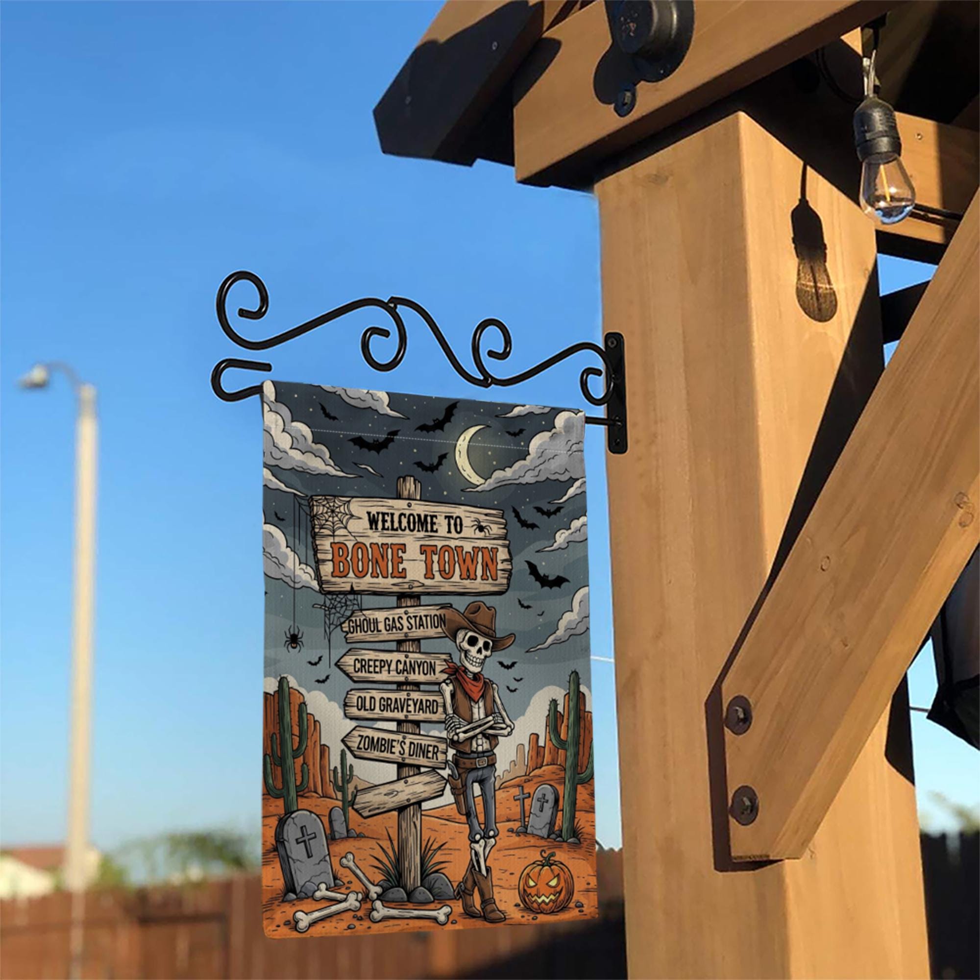 Welcome to Bone Town Halloween Garden Flag – Cowboy Skeleton Yard Sign – Funny Spooky Western Decor
