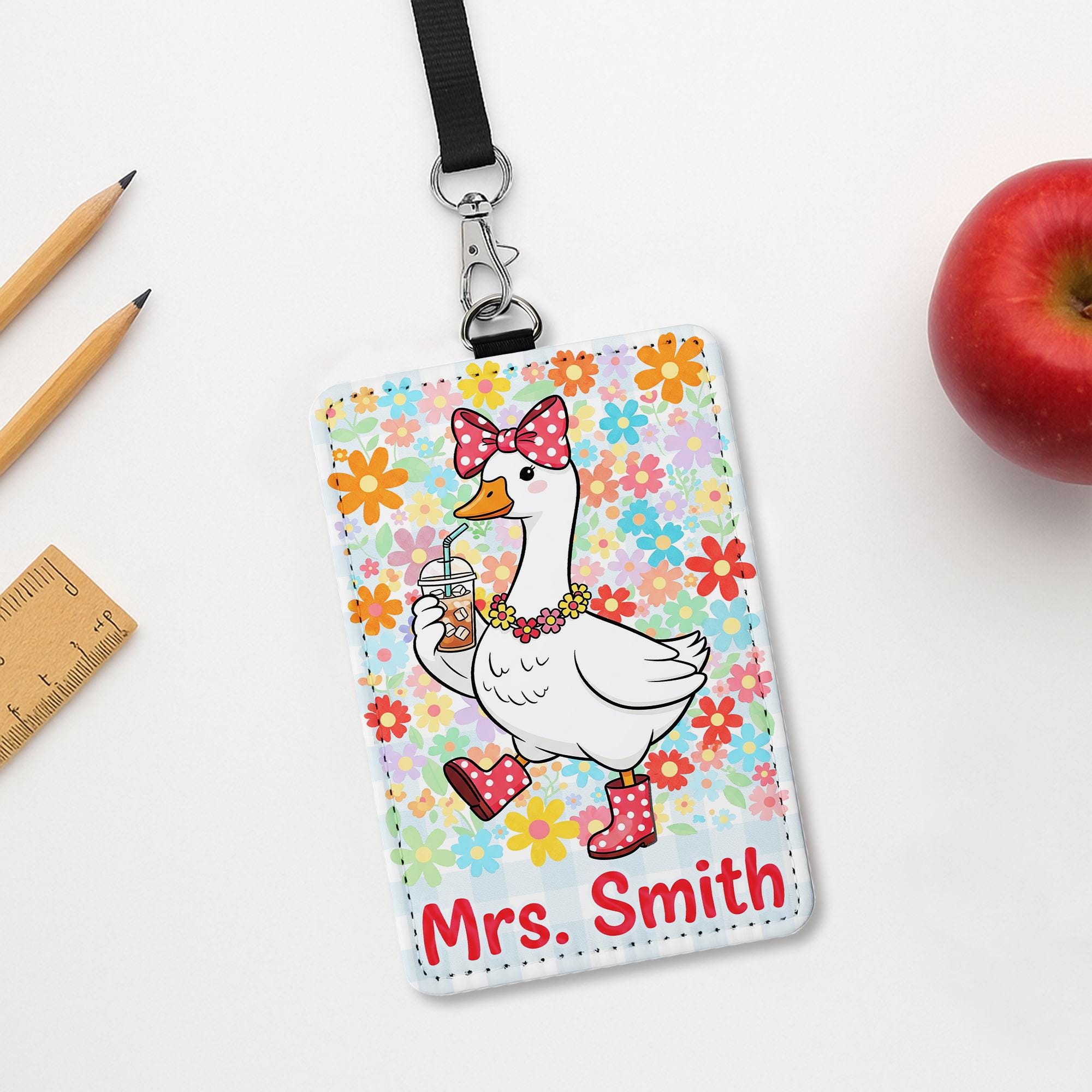 Cute Teacher Badge Holder, Personalized Duck ID Tag, Floral Name Lanyard, Funny Classroom Accessory, Custom Gift for Teacher