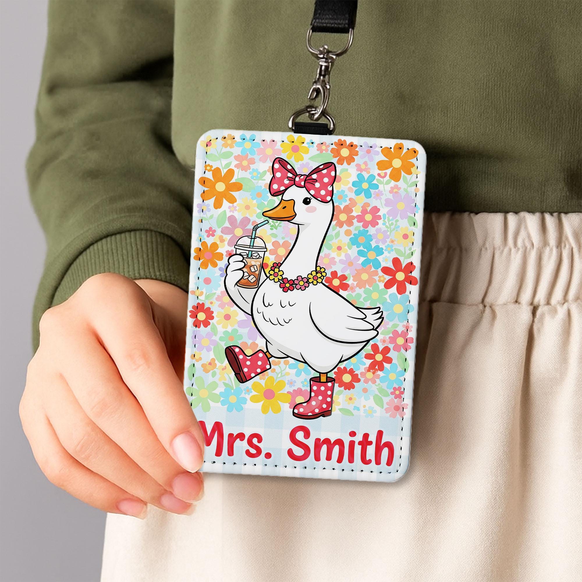 Cute Teacher Badge Holder, Personalized Duck ID Tag, Floral Name Lanyard, Funny Classroom Accessory, Custom Gift for Teacher