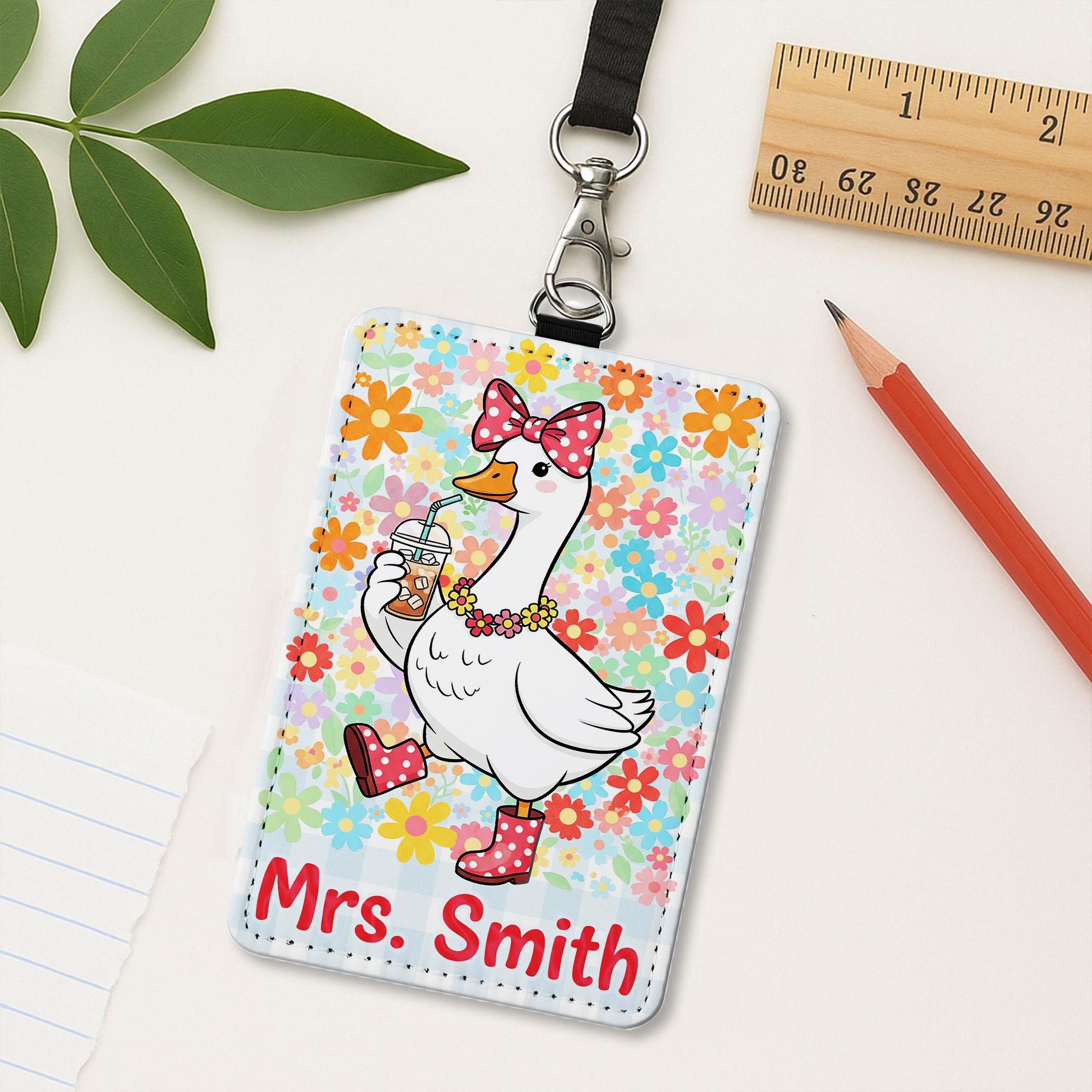 Cute Teacher Badge Holder, Personalized Duck ID Tag, Floral Name Lanyard, Funny Classroom Accessory, Custom Gift for Teacher