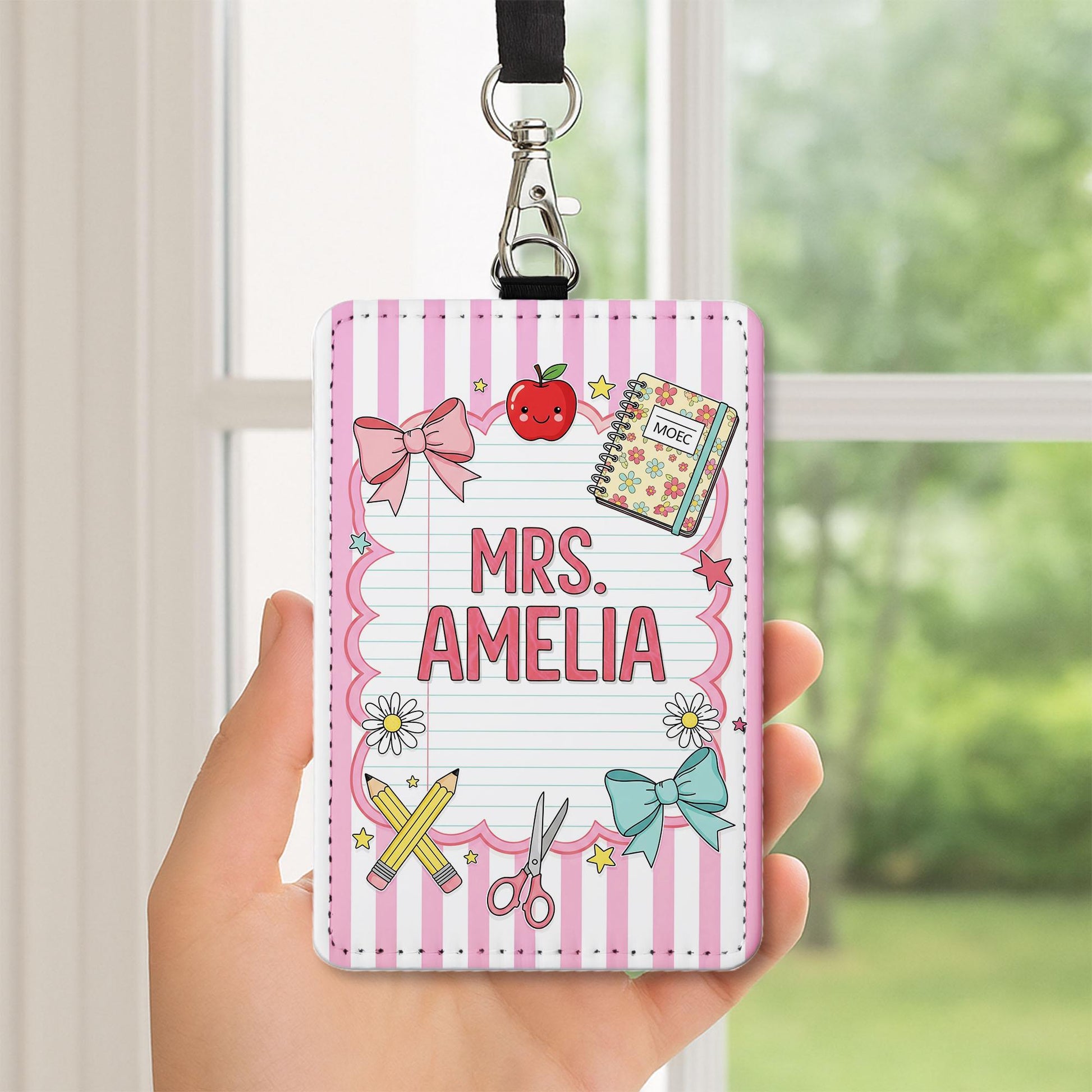 Personalized Teacher Badge Holder, Cute Pink ID Tag for Women, Custom Name Lanyard, Classroom Gift for Teacher, School Accessory