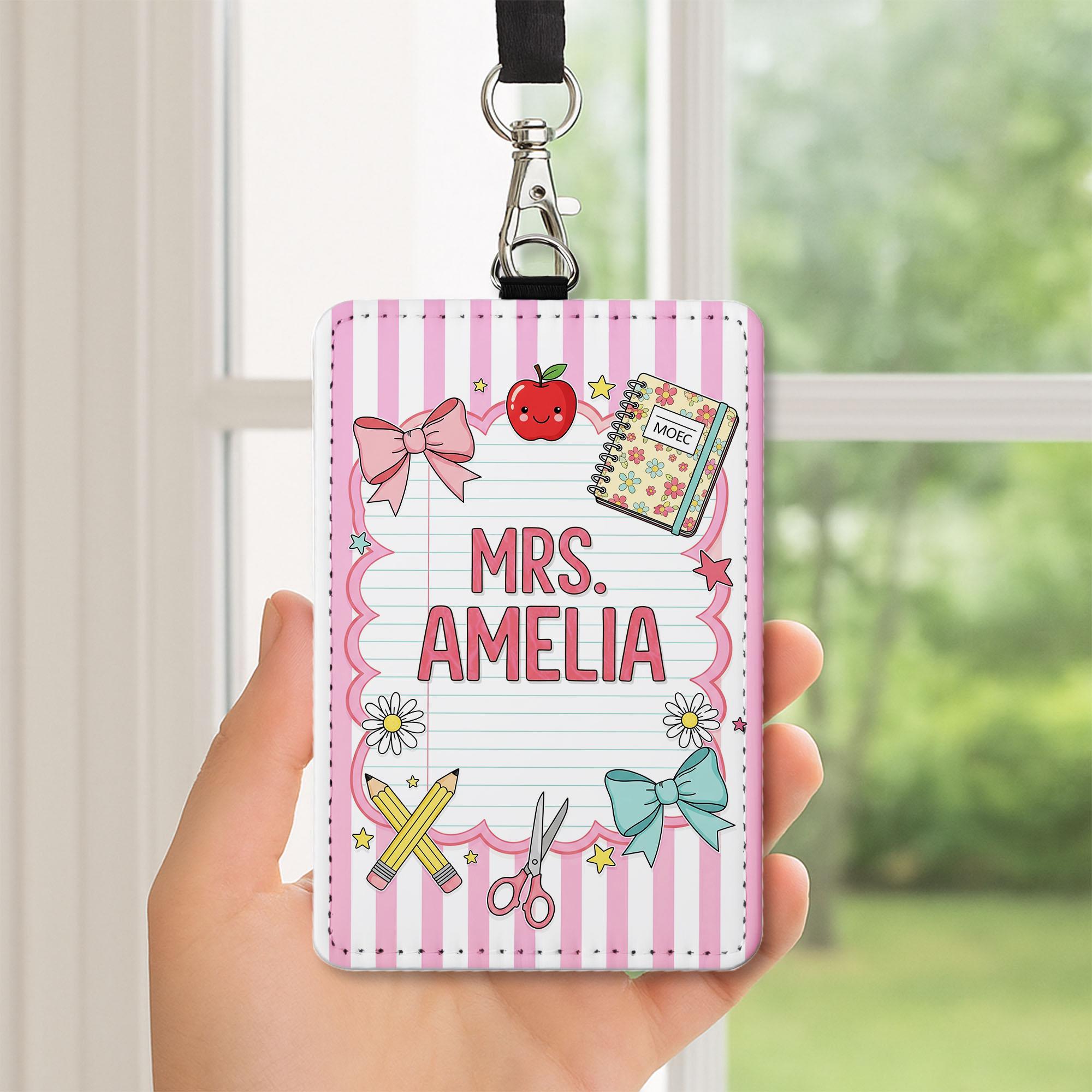 Personalized Teacher Badge Holder, Cute Pink ID Tag for Women, Custom Name Lanyard, Classroom Gift for Teacher, School Accessory