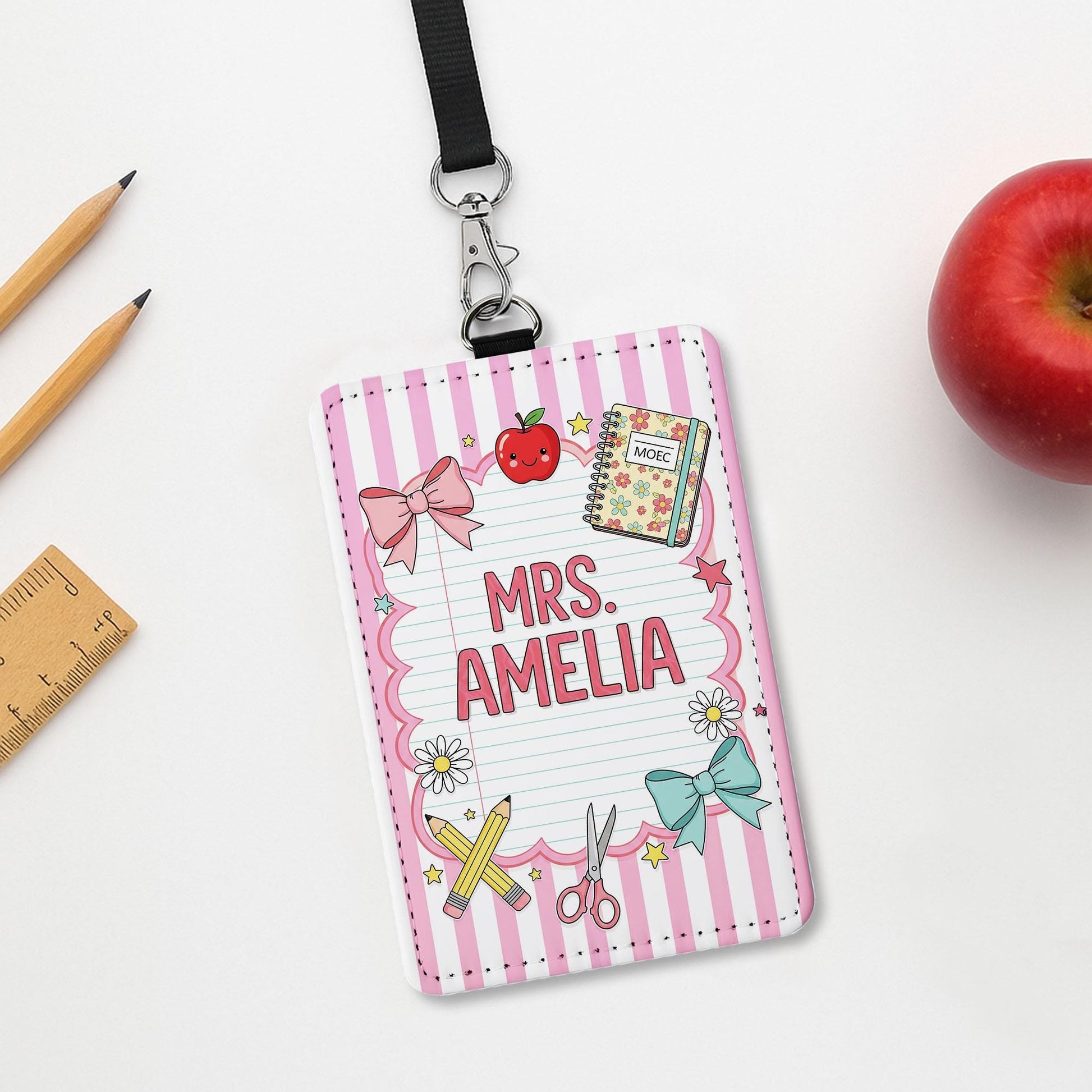 Personalized Teacher Badge Holder, Cute Pink ID Tag for Women, Custom Name Lanyard, Classroom Gift for Teacher, School Accessory