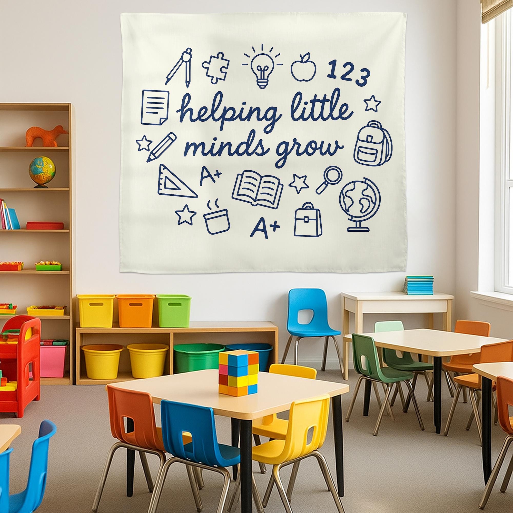 Helping Little Minds Grow Tapestry, Classroom Wall Decor, Teacher Gift, Kids Room Hanging Banner, Educational Art Print