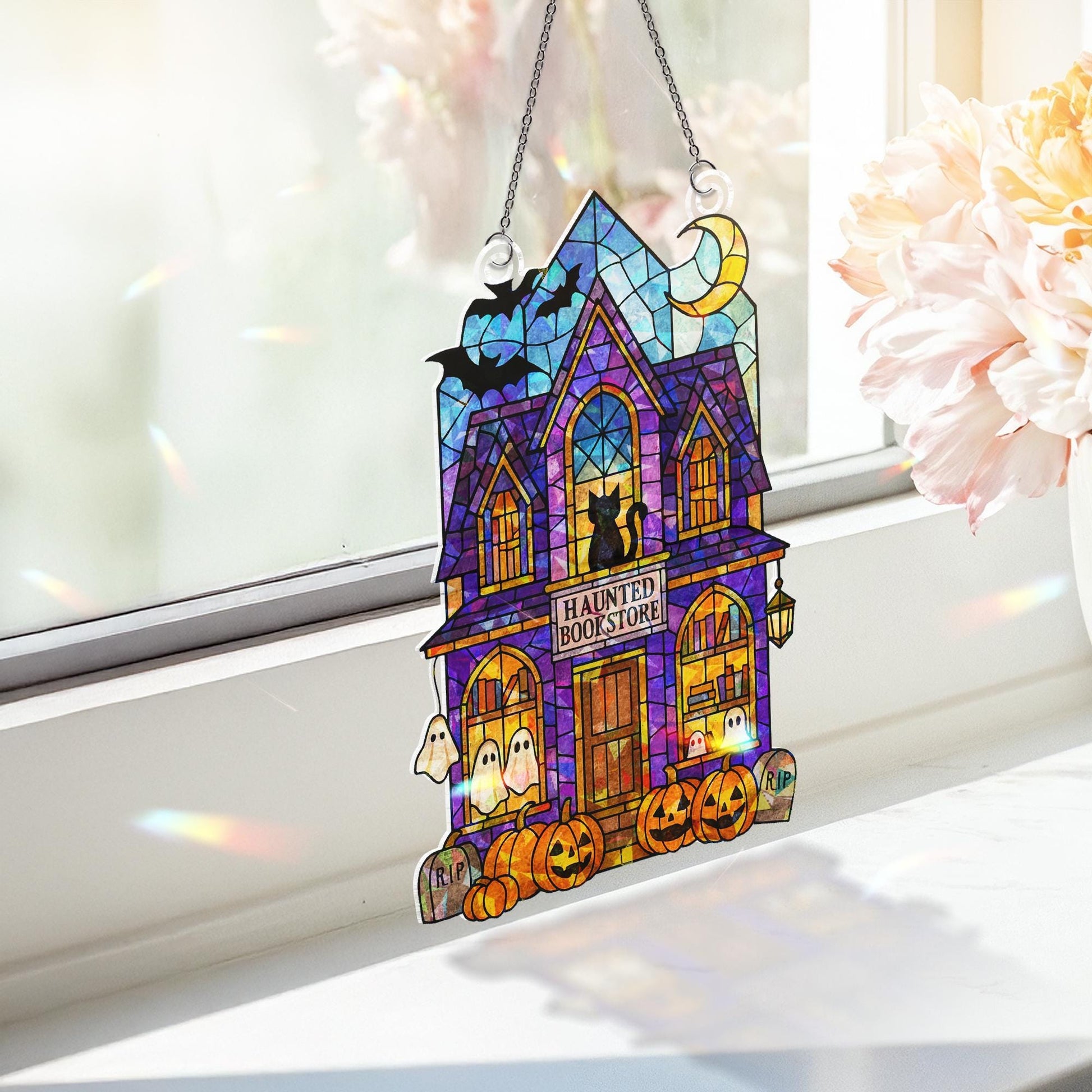 Haunted Bookstore Suncatcher, Halloween Window Decor, Gothic Witchy Window Hanging, Spooky Ghost Cat Ornament, Fall Decor
