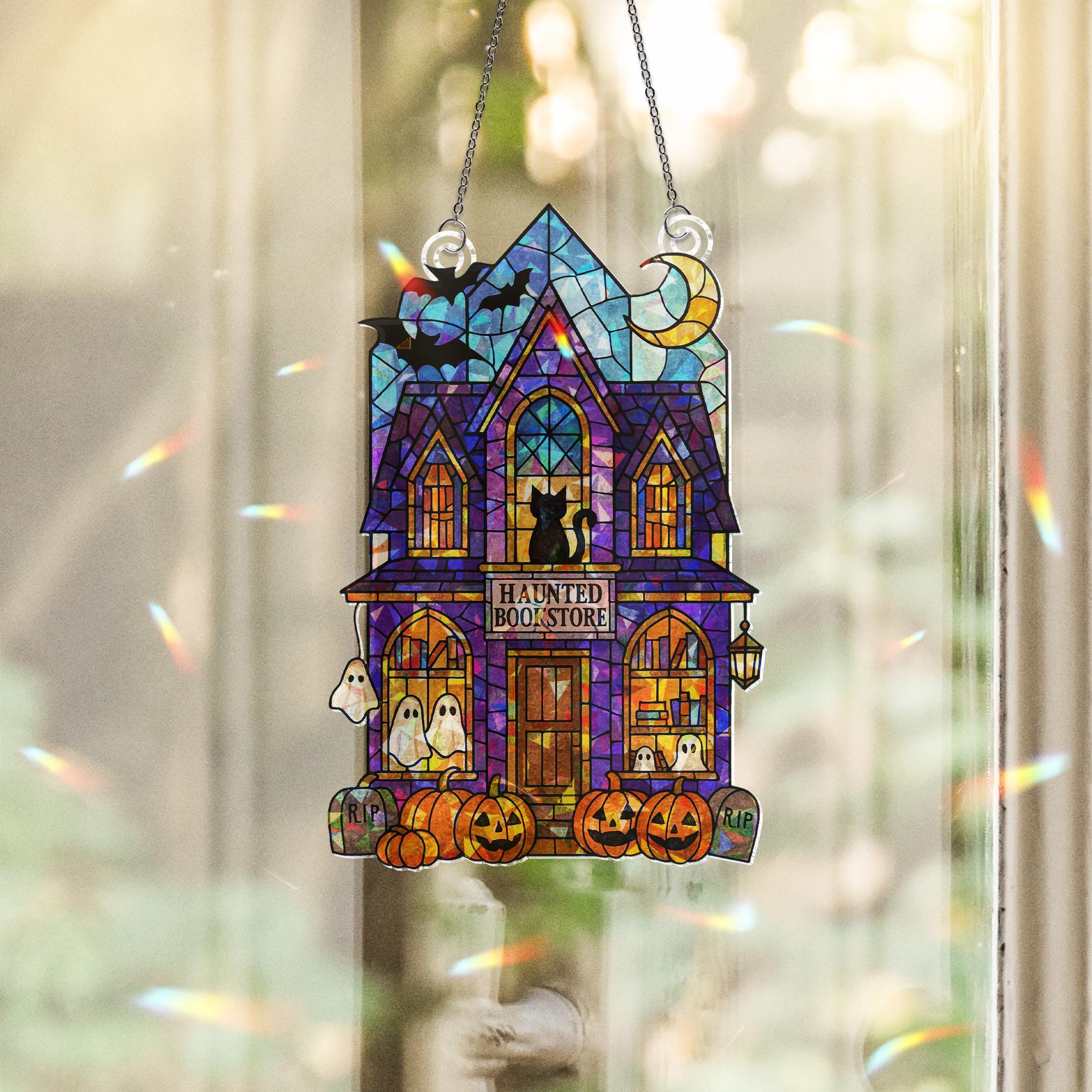 Haunted Bookstore Suncatcher, Halloween Window Decor, Gothic Witchy Window Hanging, Spooky Ghost Cat Ornament, Fall Decor