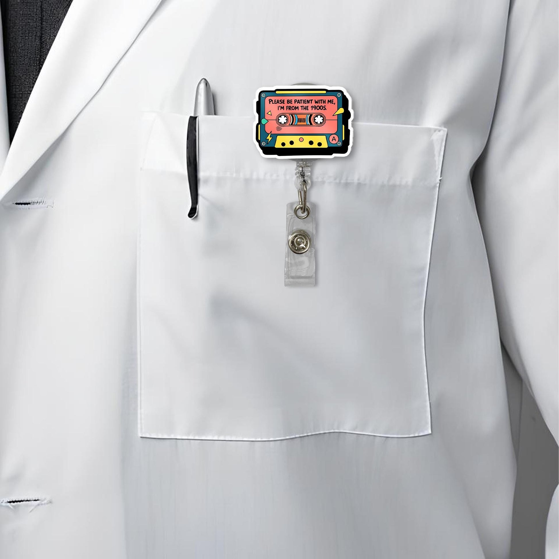 Funny Retro Badge Reel, 90s Cassette Tape ID Holder, Vintage Nurse Badge Clip, Humor Work Lanyard, Cute Office Accessory